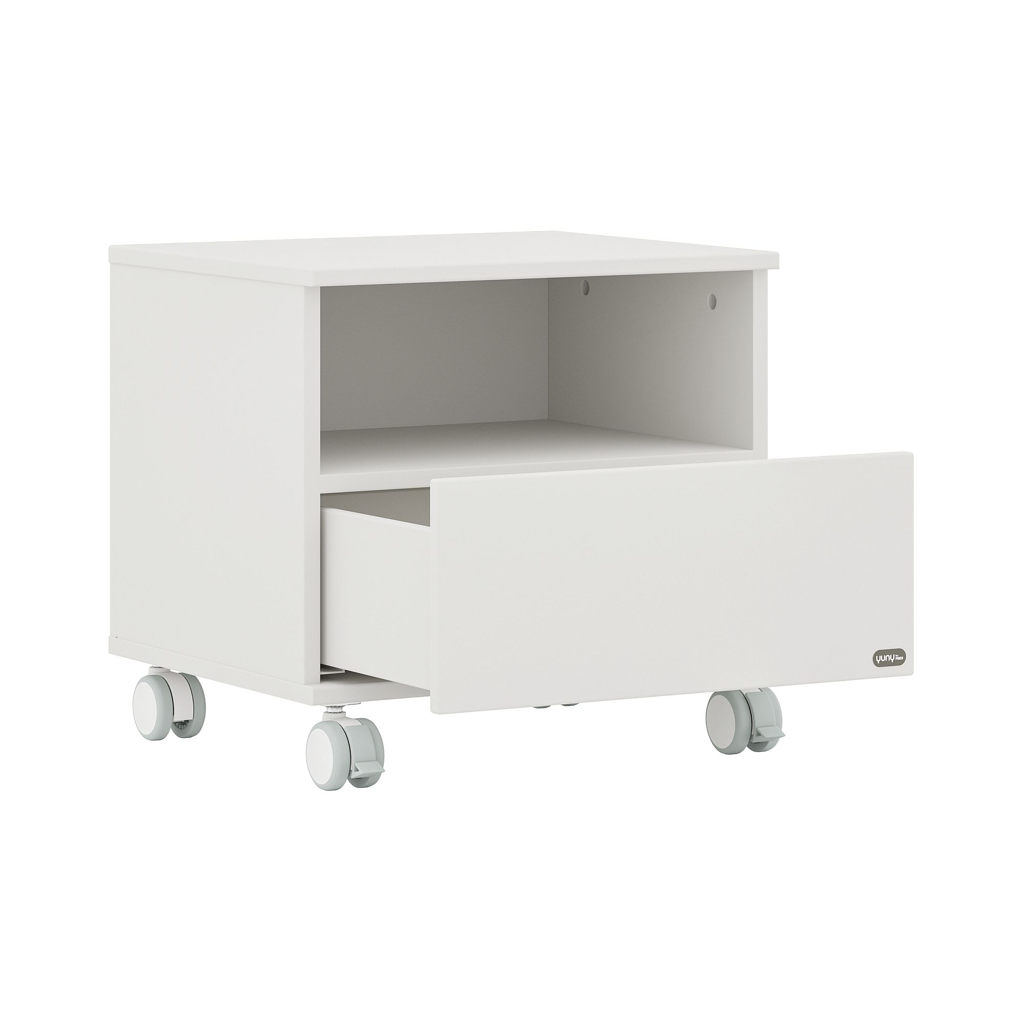 Weißer Rollschrank mit einem offenen Regal und einer ausgezogenen Schublade.