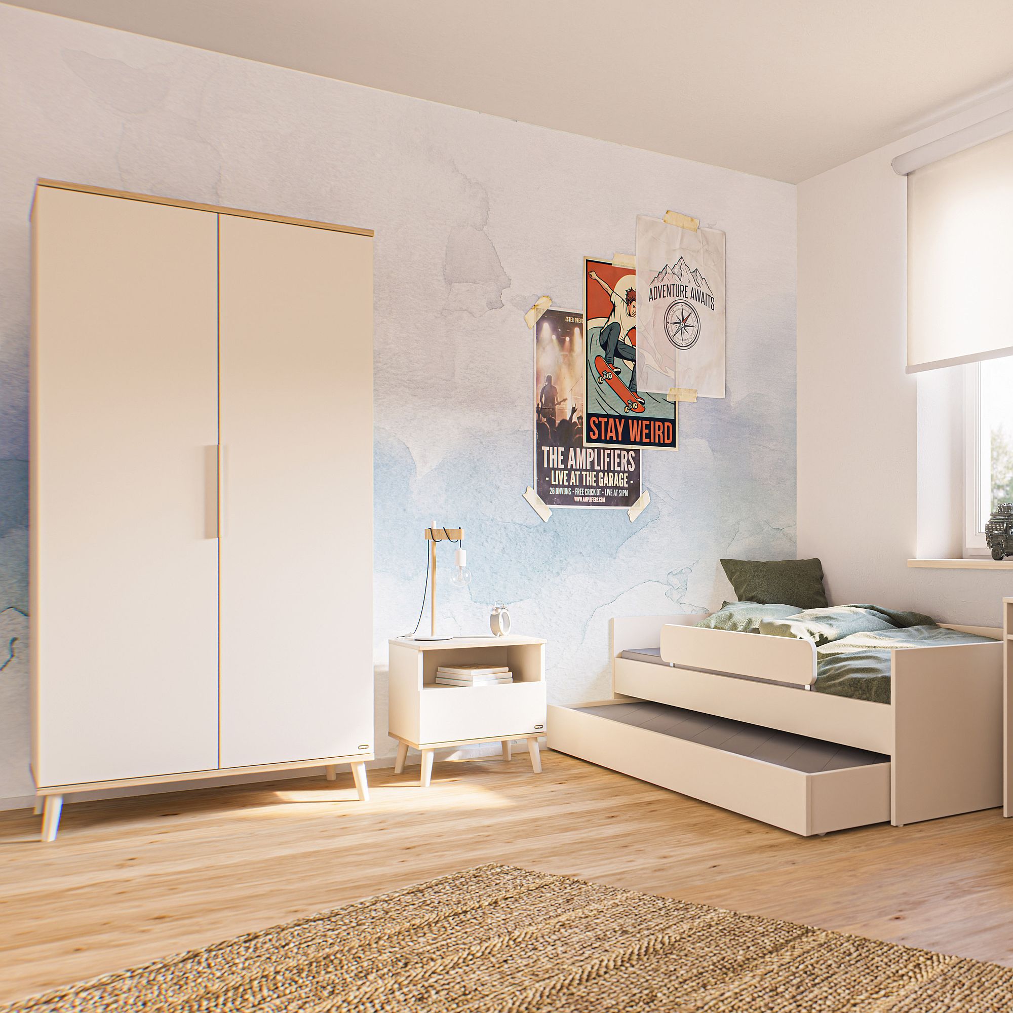 Minimalistisches Kinderzimmer mit Postern, Bett, Kleiderschrank und natürlichem Licht.