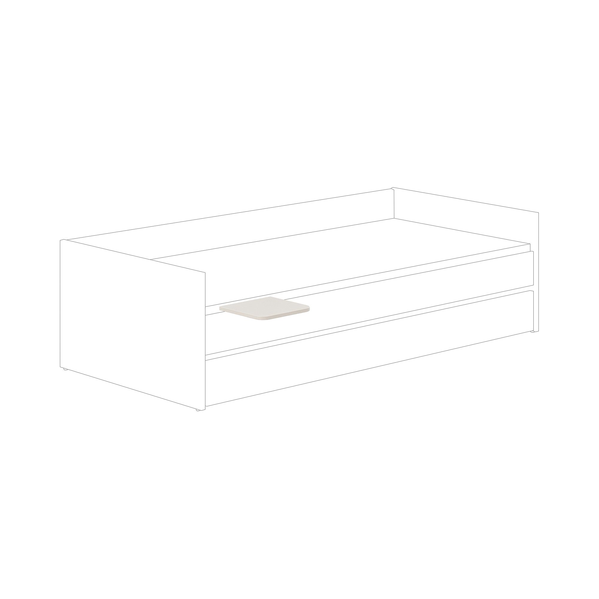 Minimalistische Strichzeichnung eines modernen Bettes mit einer geschlossenen Schublade darunter.