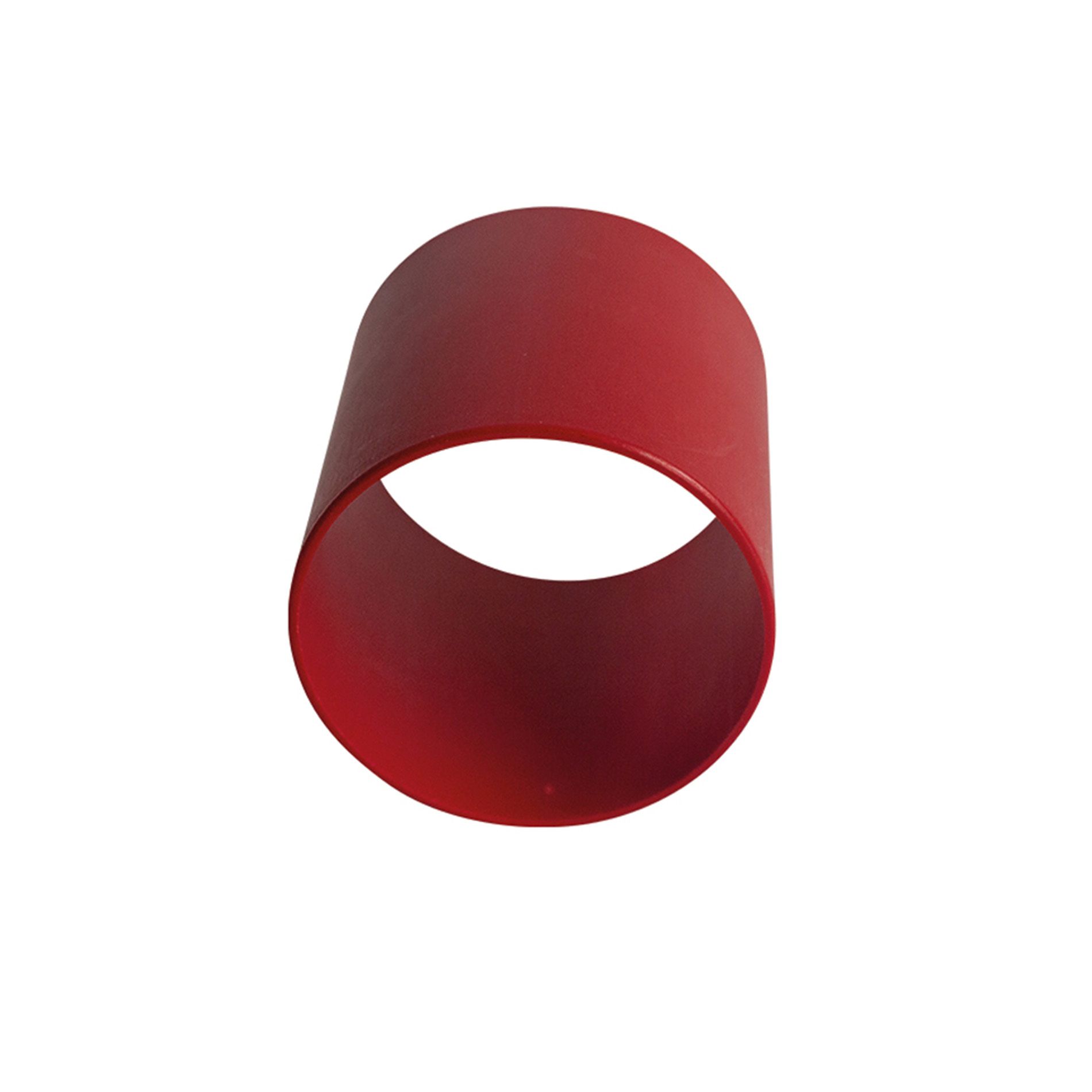 Rotes zylindrisches Objekt oder Rohr mit offenen Enden auf weißem Hintergrund.