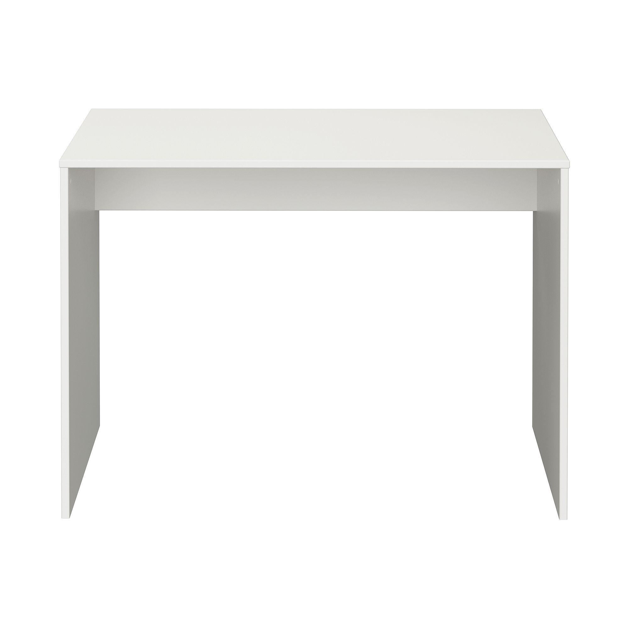 Ein schlichter weißer, rechteckiger Schreibtisch mit einfachem, modernem Design.