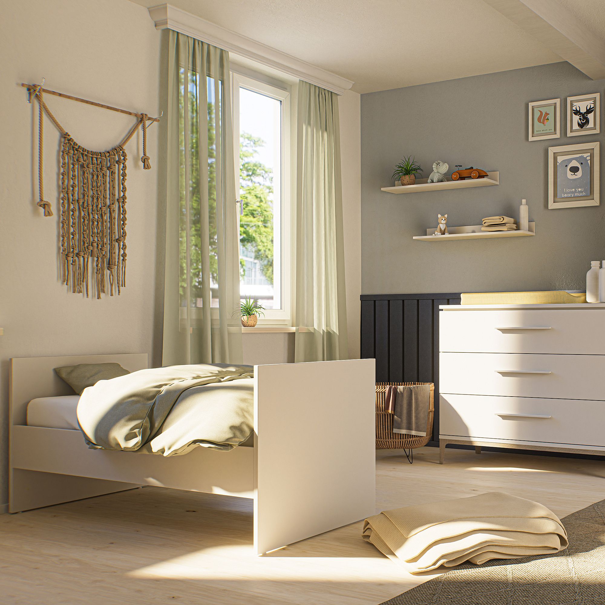 Helles, minimalistisches Schlafzimmer mit Einzelbett, Kommode, Regalen und großem Fenster.