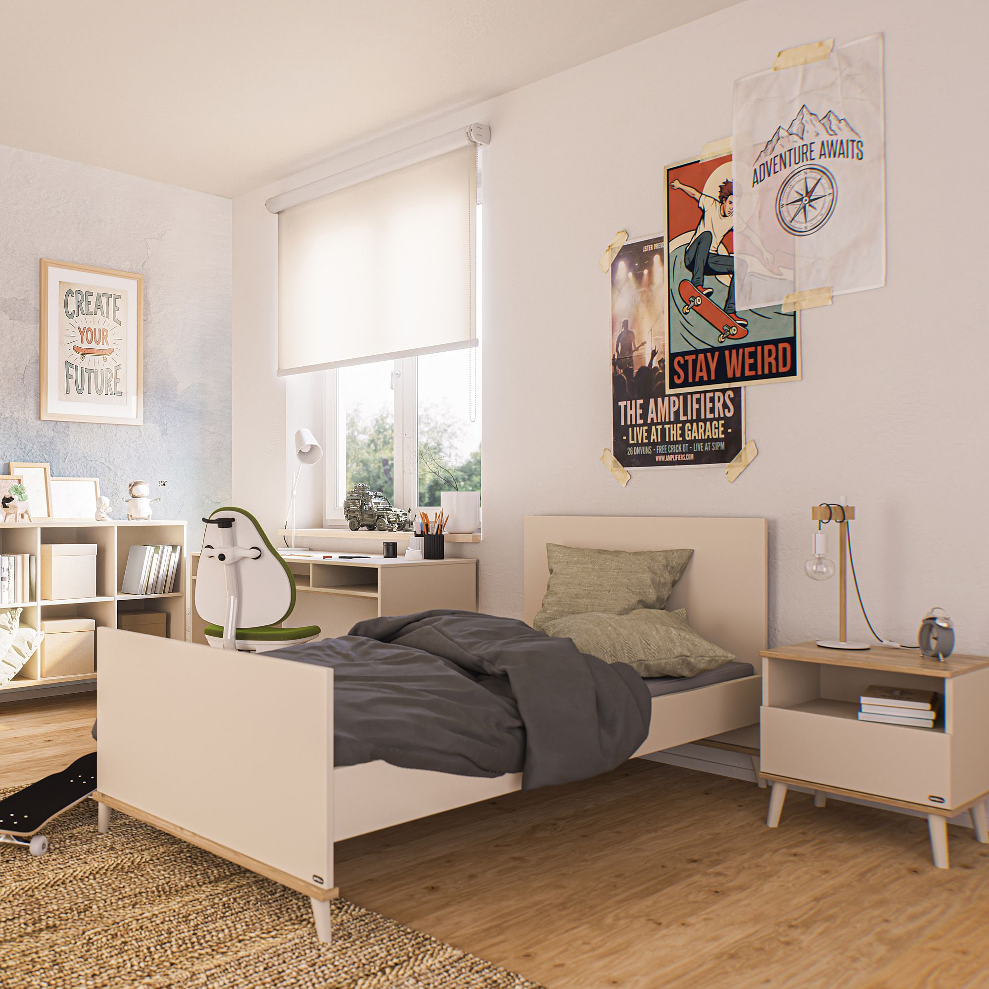 Gemütliches, modernes Schlafzimmer mit einem Einzelbett, Postern und einem Fenster, das Licht hereinlässt.