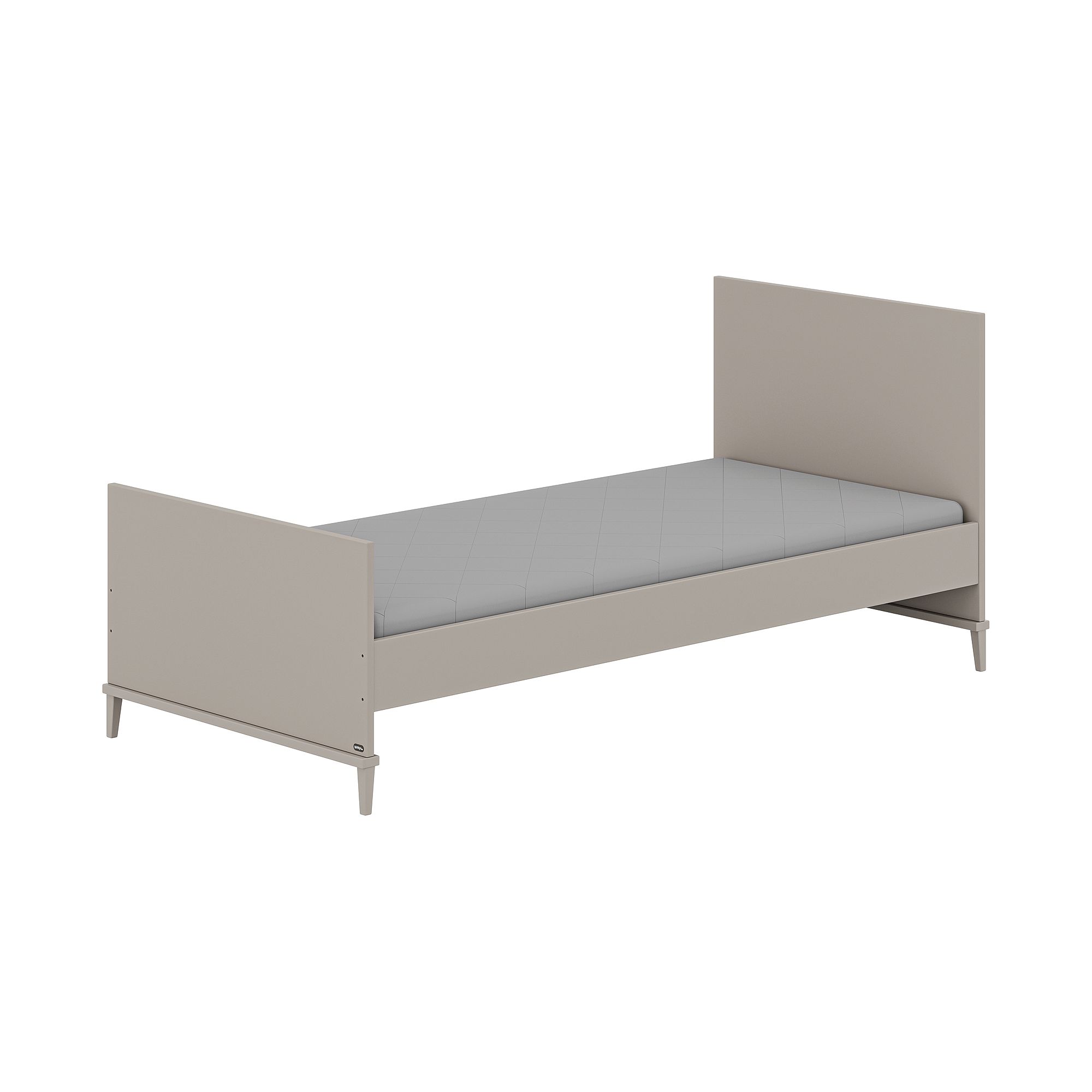 Minimalistisches graues Einzelbett mit einem einfachen Rahmen und einer Matratze.