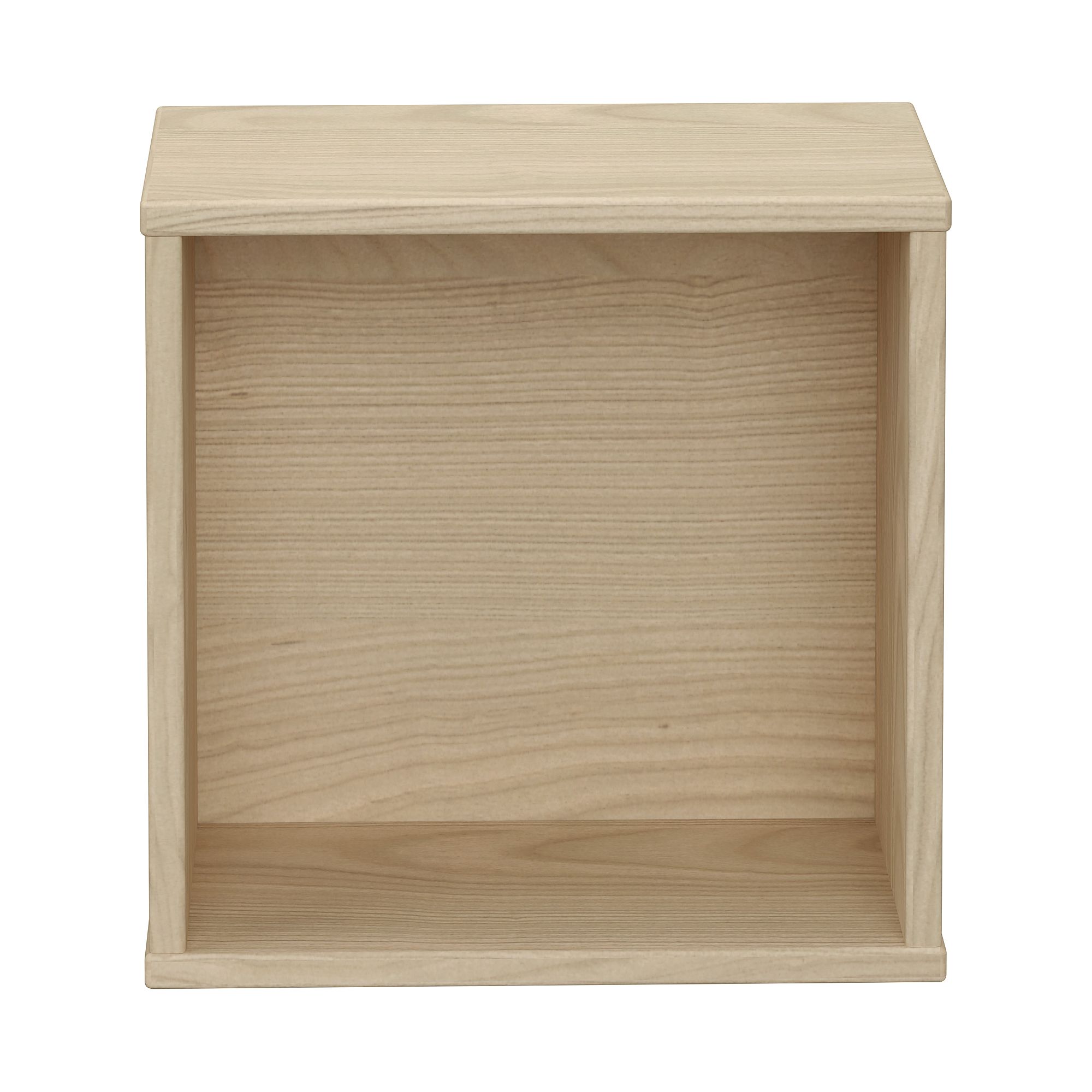 Wandregal Wandbox, quadratisch, 35 x 35 cm, Scandinavian-Wood Ein schlichtes, leeres, quadratisches Regal aus hellem Holz vor einem weißen Hintergrund.