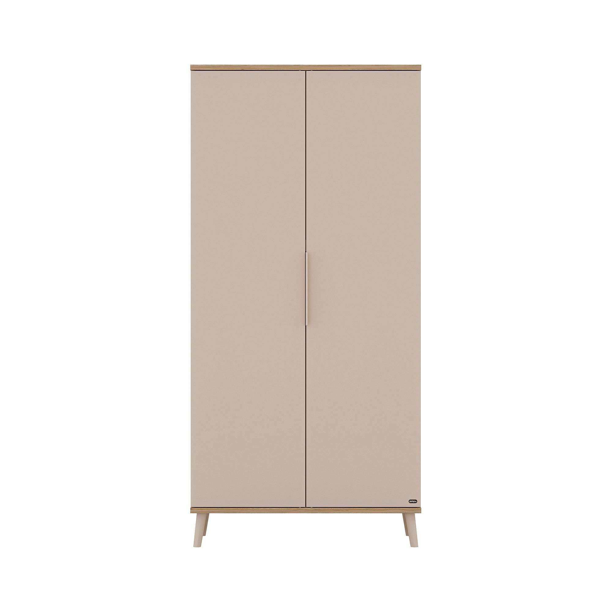 Beigefarbener zweitüriger Kleiderschrank mit minimalem Design und kurzen Beinen.