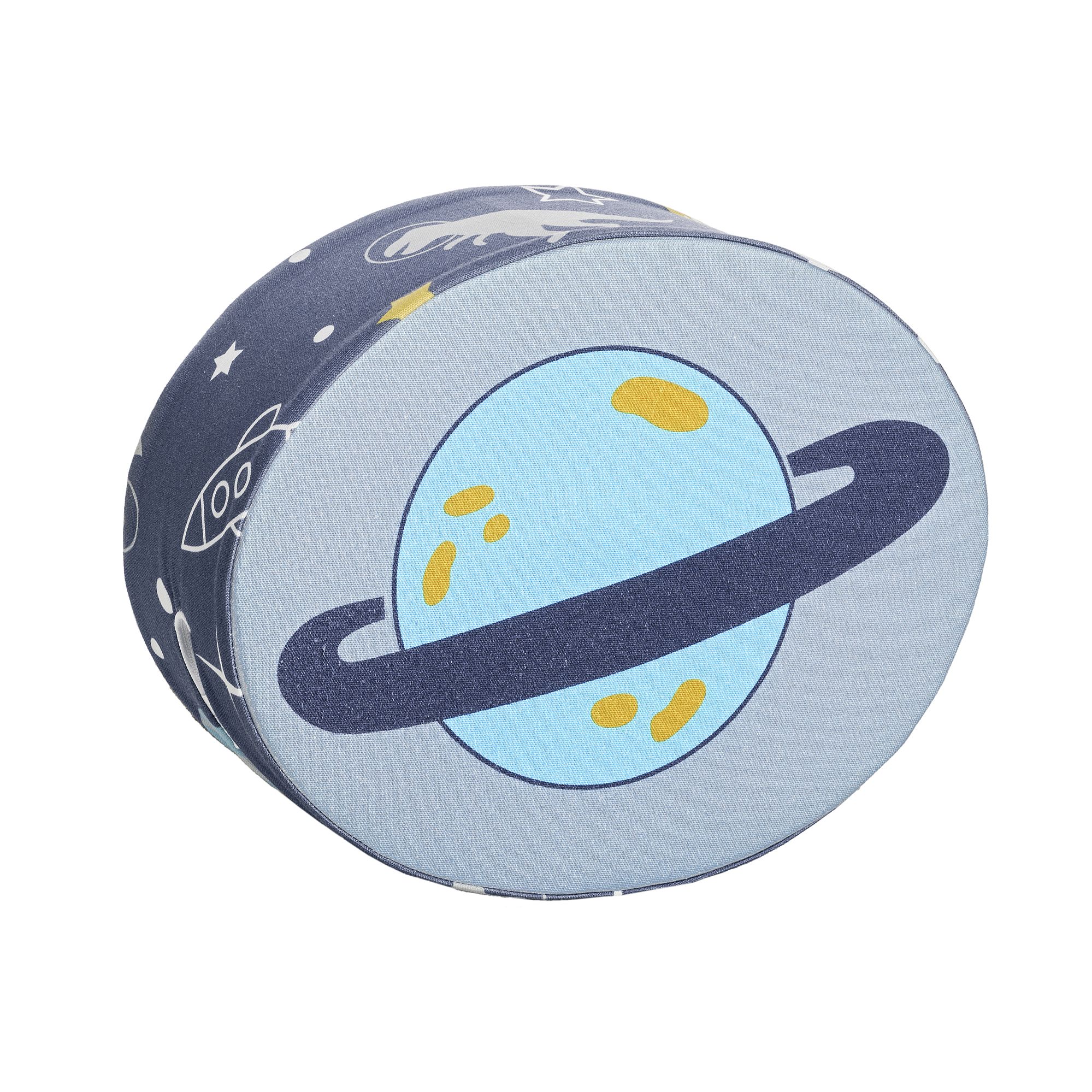 Steckkissen Baumwolle, Motiv "Dinos im Weltall", 35 x 28 x 12 cm, Blauer Planet Rundes Kissen mit einem Cartoon-Saturn und Weltraum-Motiven an den Seiten.