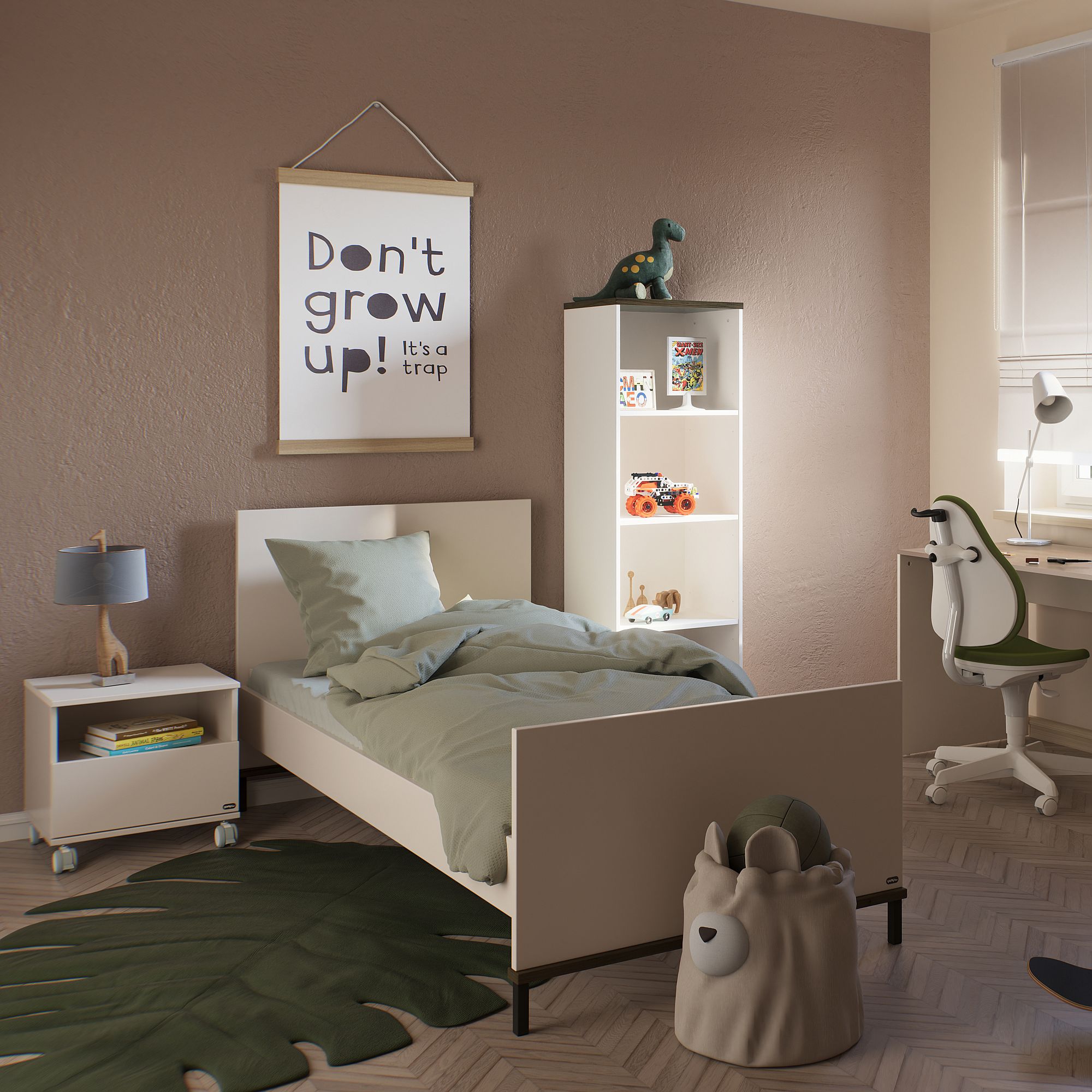 Ein gemütliches Kinderzimmer mit einem Bett, einem Schreibtisch und einem Schild mit der Aufschrift "Nicht erwachsen werden".