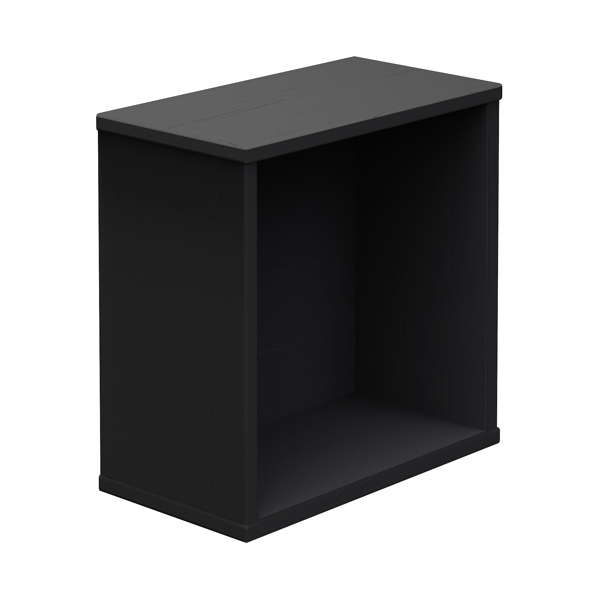 Wandregal Wandbox, quadratisch, 35 x 35 cm, Naturschwarz Eine schwarze, rechteckige Aufbewahrungsbox mit offenem Regal auf weißem Hintergrund.