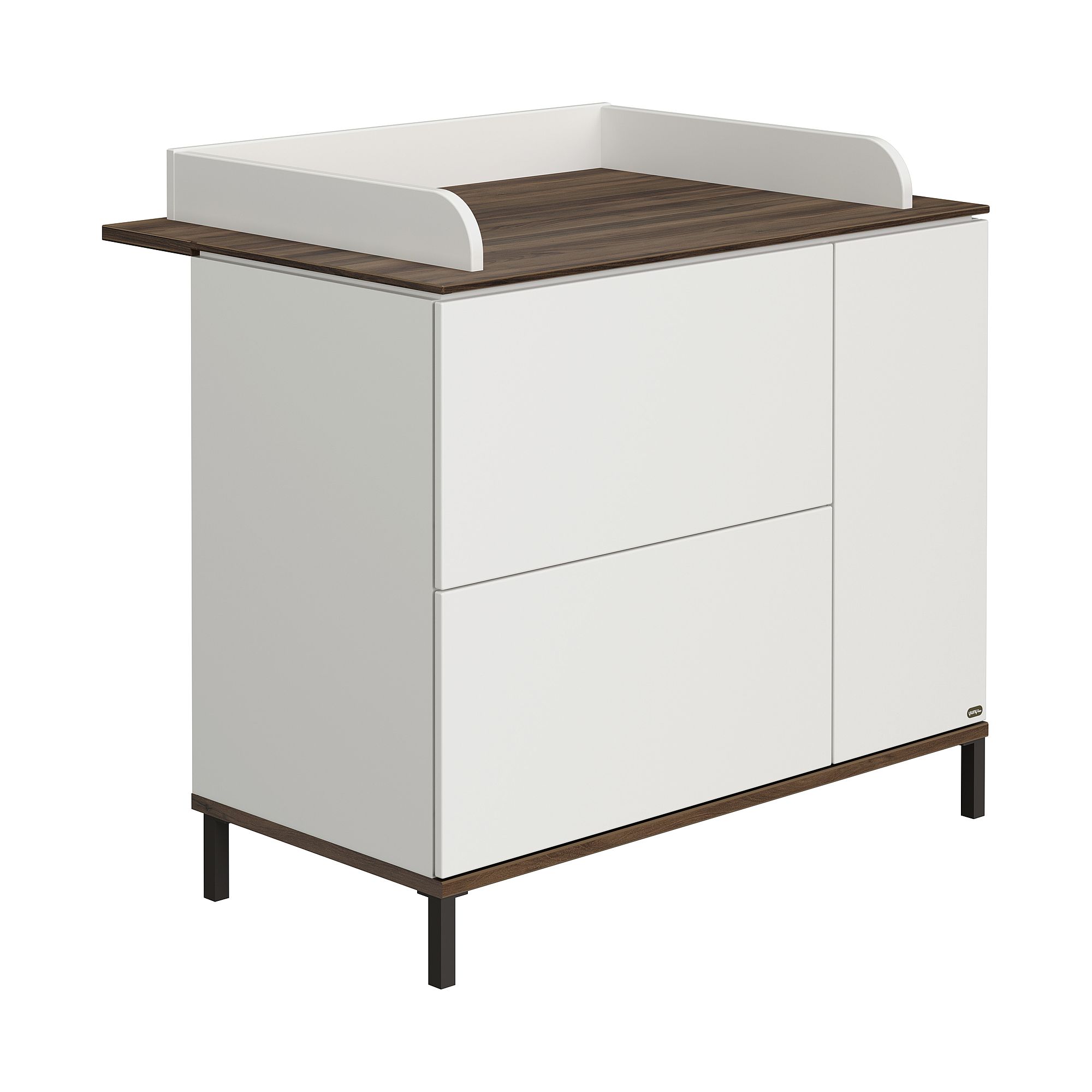 Wickelkommode Lovely Aliv 2 Schubladen, 1 Türe Weißer Wickeltisch mit brauner Holzplatte, erhöhten Seiten und Stauraum darunter.