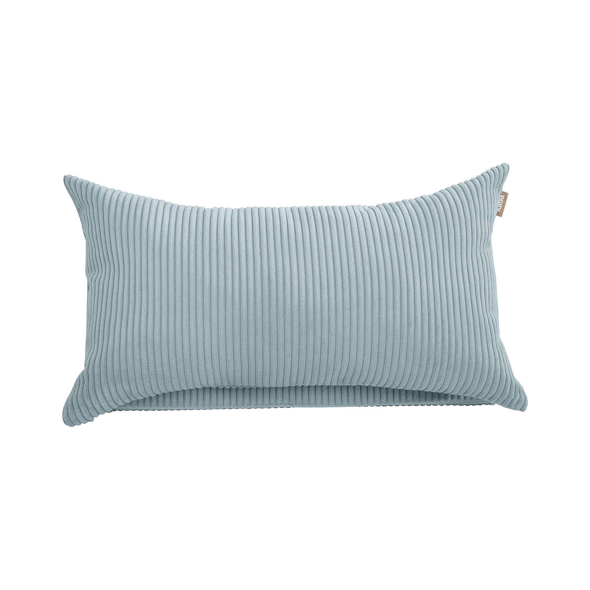 Hellblaues, rechteckiges Kissen mit einer gerippten, kordähnlichen Textur.