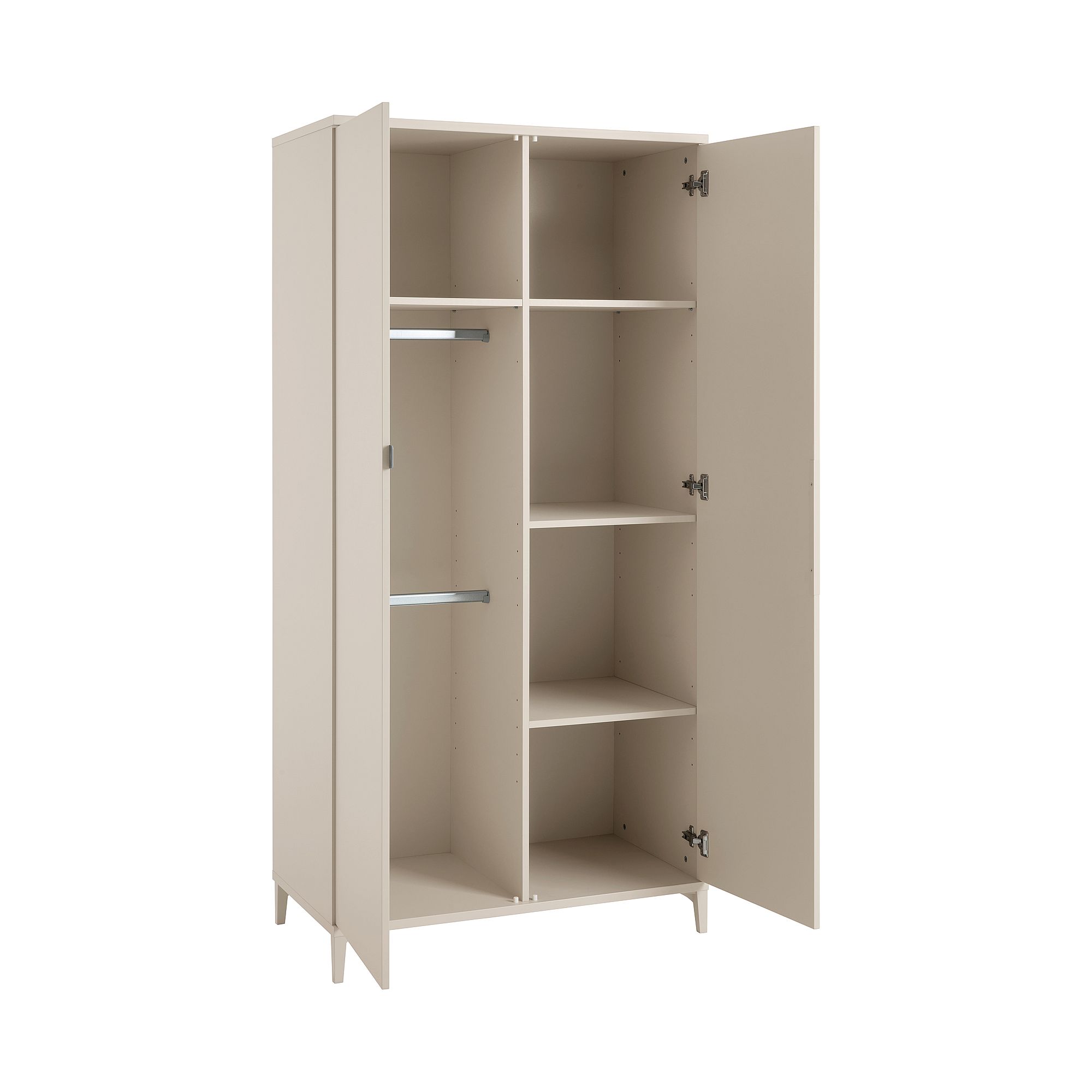 Beigefarbener Kleiderschrank mit offenen Türen, Einlegeböden und Aufhängestangen im Inneren.