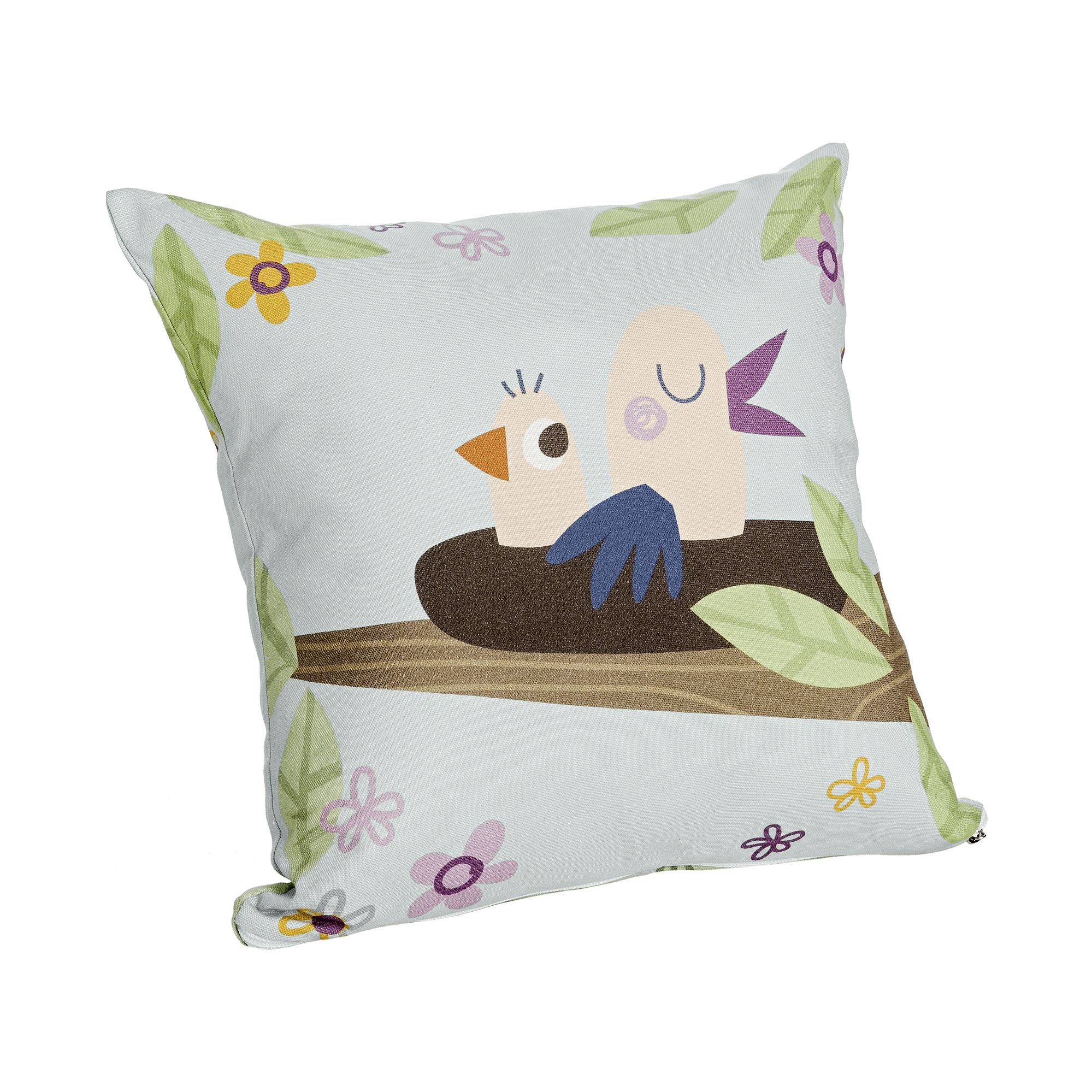Partykissen Baumwolle, Motiv "Petersilienweg 8", 40 x 40 cm, Hund Rudi Quadratisches Kissen mit Cartoon-Vögeln und Blumen auf hellblauem Hintergrund.