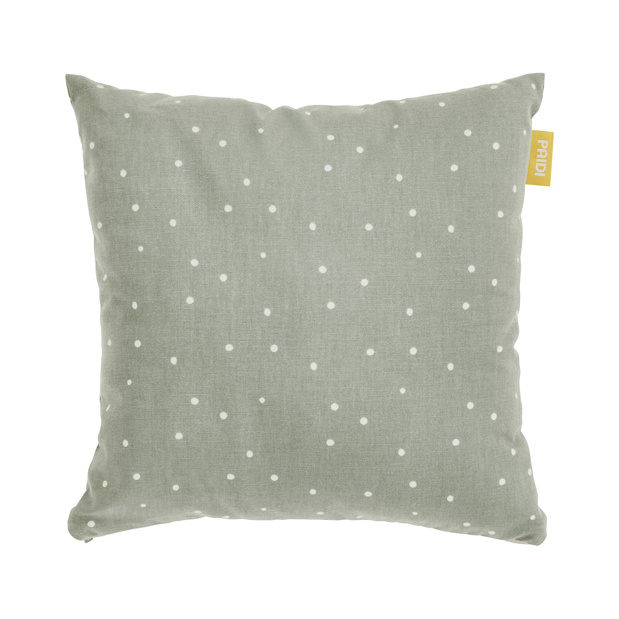 Quadratisches Kissen mit hellgrünem Stoff und kleinen weißen Tupfen.