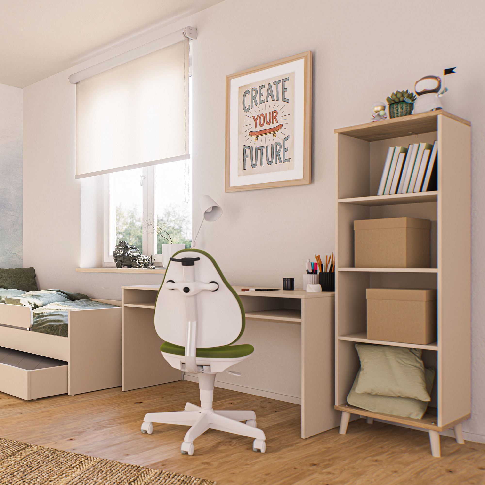 Minimalistischer Arbeitsbereich im Schlafzimmer mit Schreibtisch, Stuhl, Bücherregal und motivierender Wandmalerei.