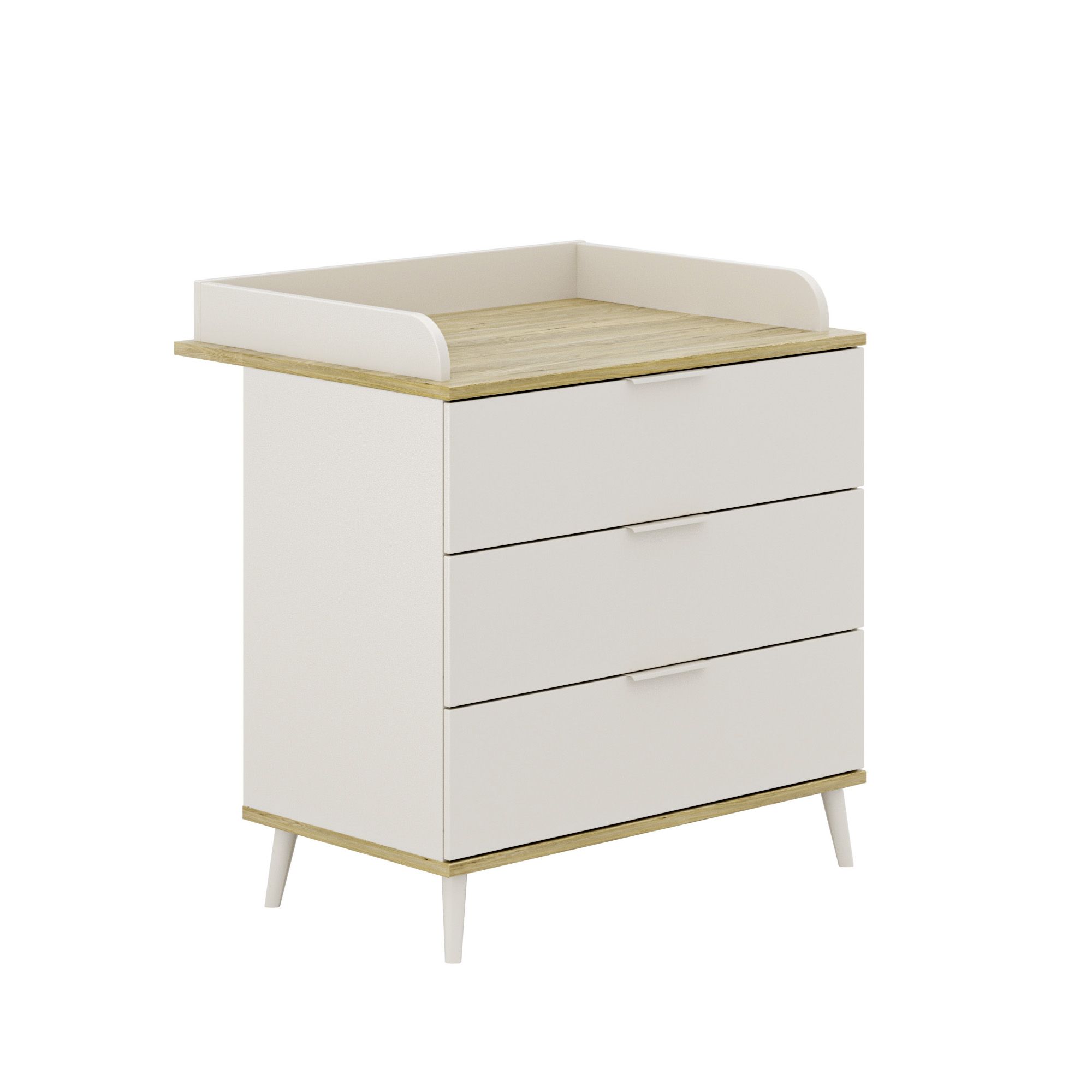 Weiße Kommode mit drei Schubladen, hellen Holzakzenten und abgewinkelten Beinen.