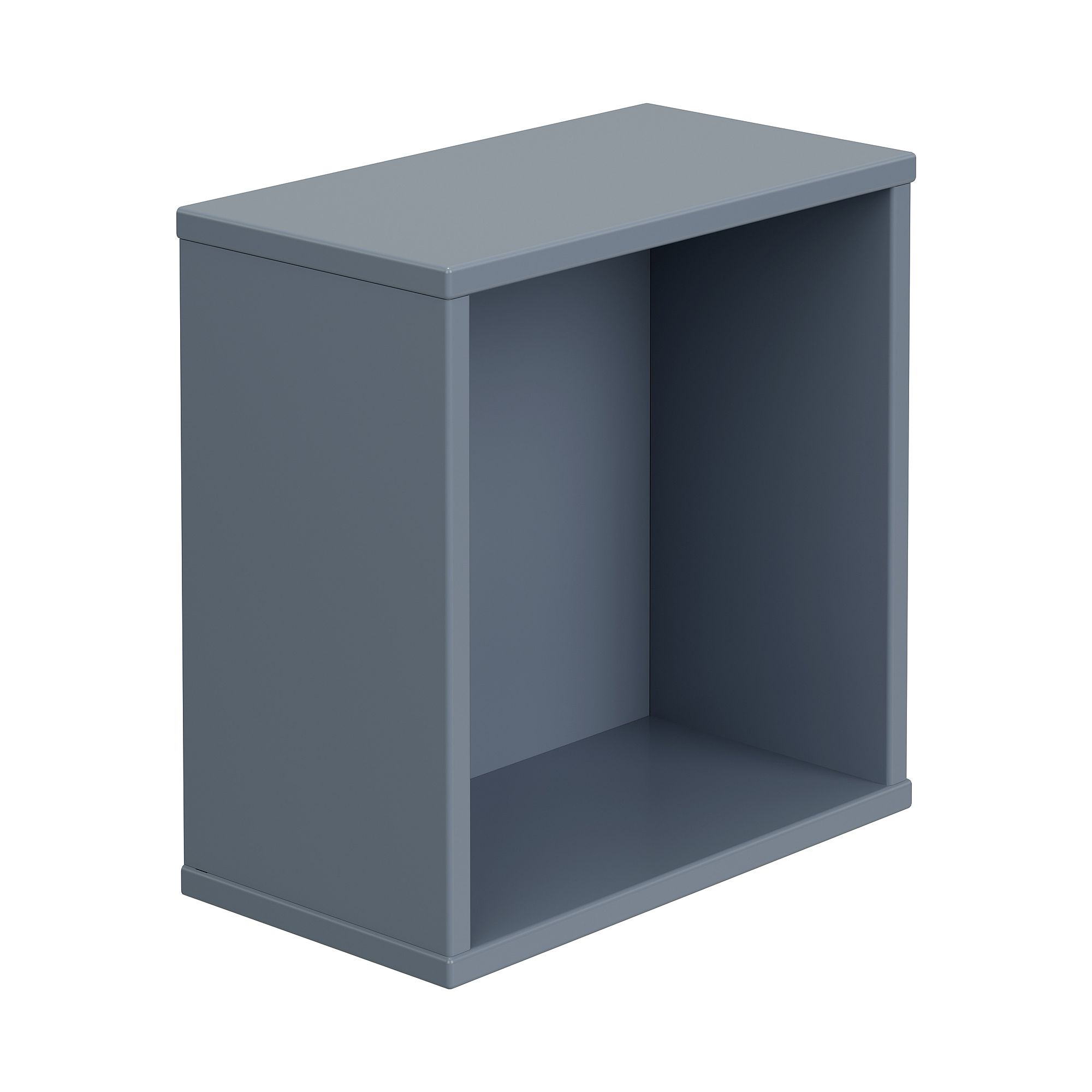 Wandregal Wandbox, quadratisch, 35 x 35 cm, Mattblau Ein graues, rechteckiges, offenes Kastenregal ohne Rück- oder Frontplatten.