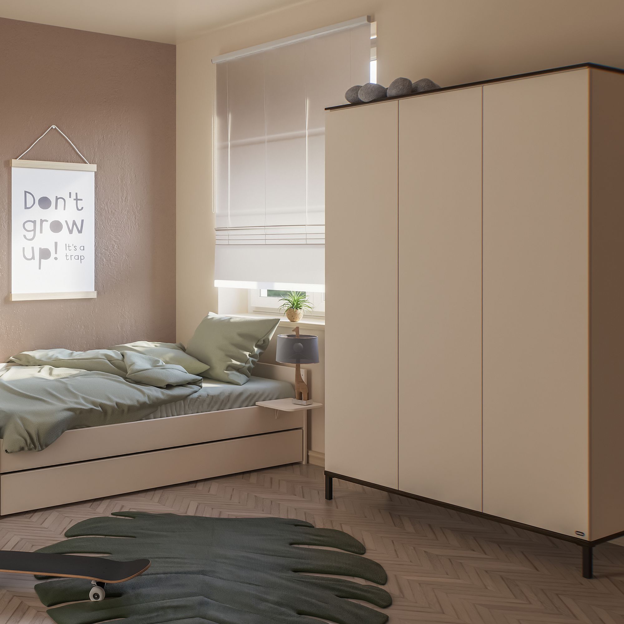 Minimalistisches Schlafzimmer mit einem Einzelbett, einem Kleiderschrank und einem Dont grow up-Poster.