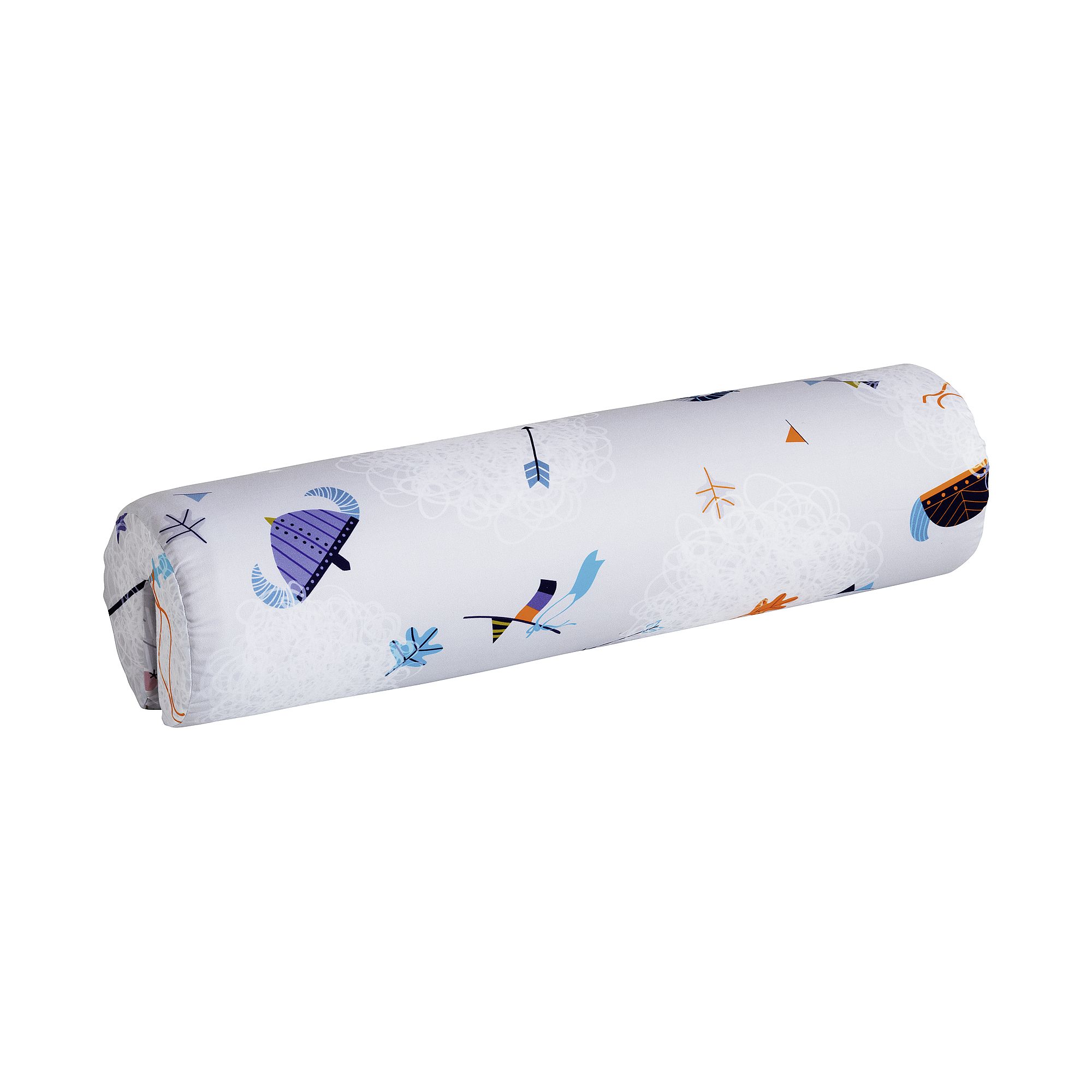 Comfort-Rolle Baumwolle, Motiv "Wikinger", 85,30 x Ø 20 cm Zylindrisches Kissen mit weißem Bezug, auf dem bunte Pfeile und Federn abgebildet sind.