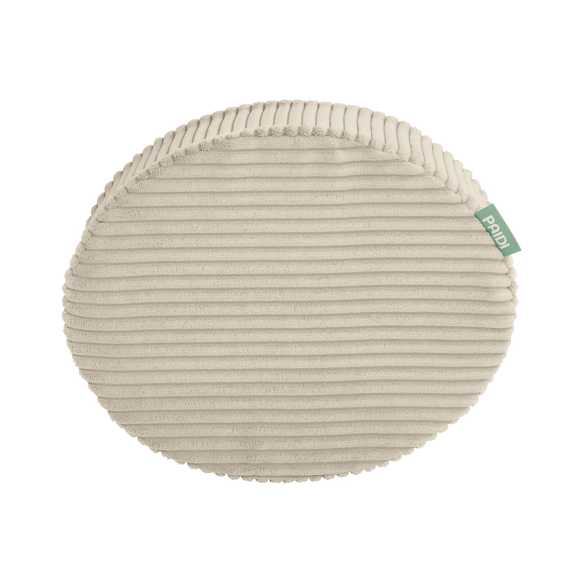 Rundes beigefarbenes Kordkissen mit gerippter Struktur und einem kleinen grünen Stoffanhänger.