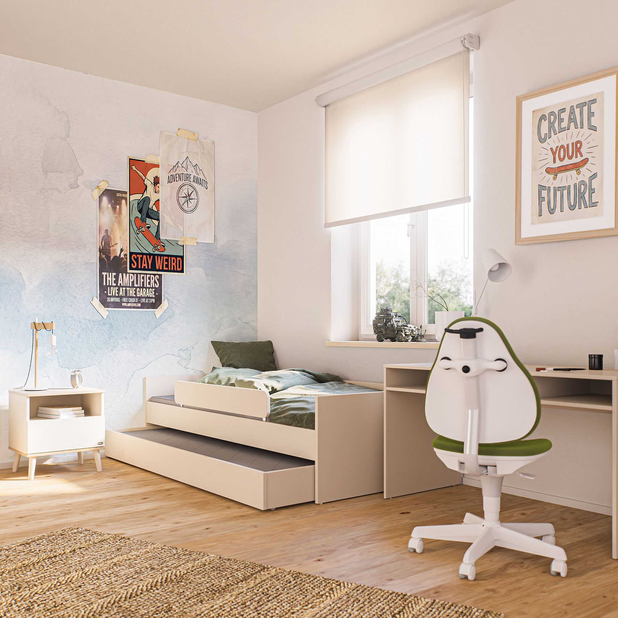 Minimalistisches Schlafzimmer mit Einzelbett, Schreibtisch, grünem Stuhl und inspirierenden Postern.