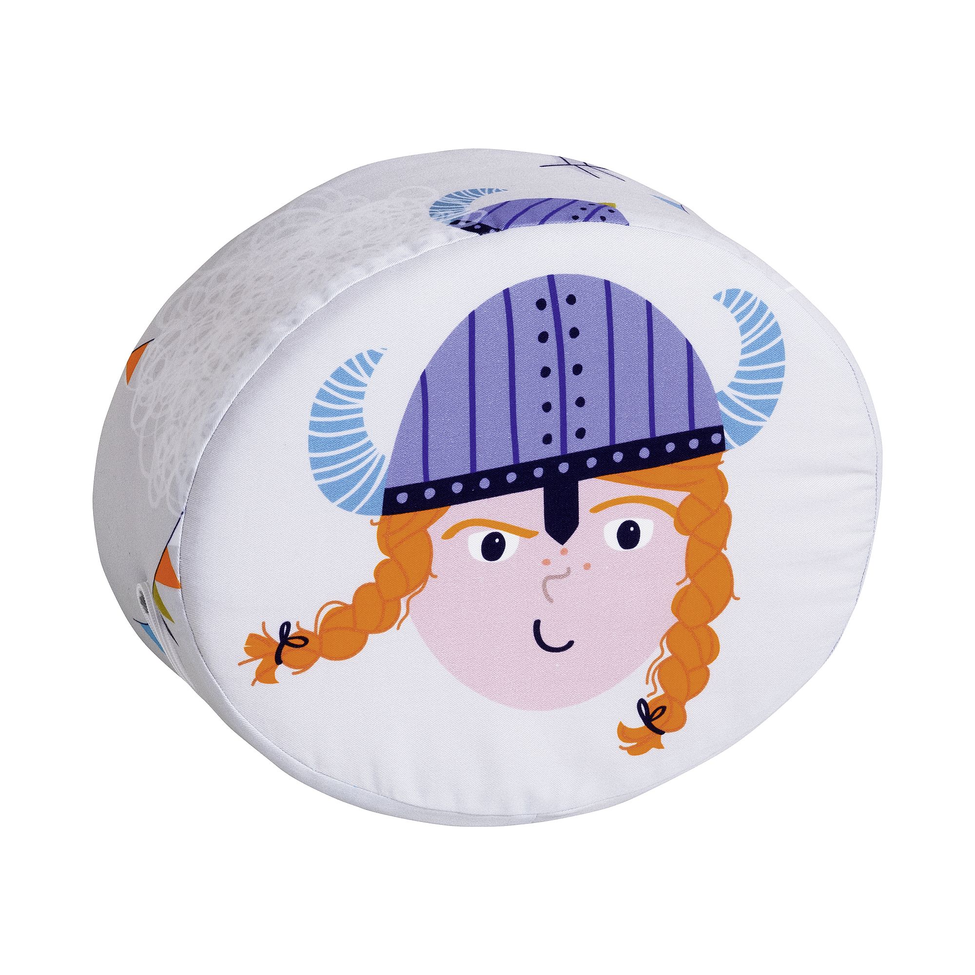 Rundes Kissen mit dem Cartoon-Gesicht eines Mädchens, das einen Wikingerhelm trägt.
