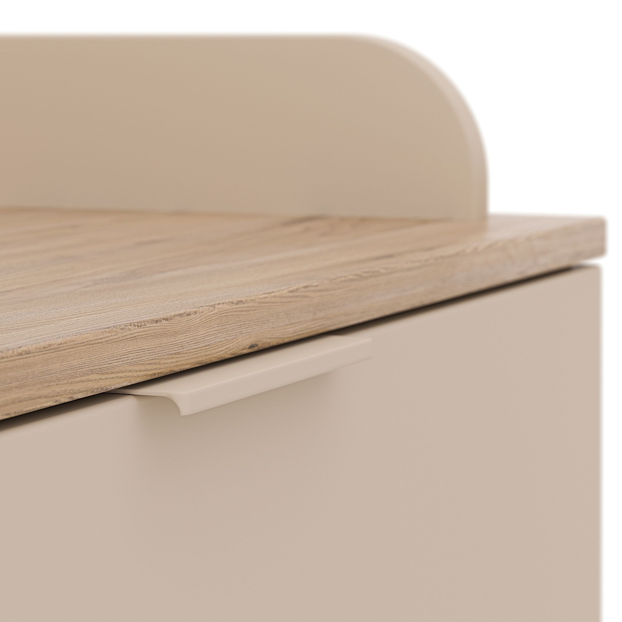 Beigefarbener Schrank mit einer Holzplatte und einem minimalistischen Schubladengriff.