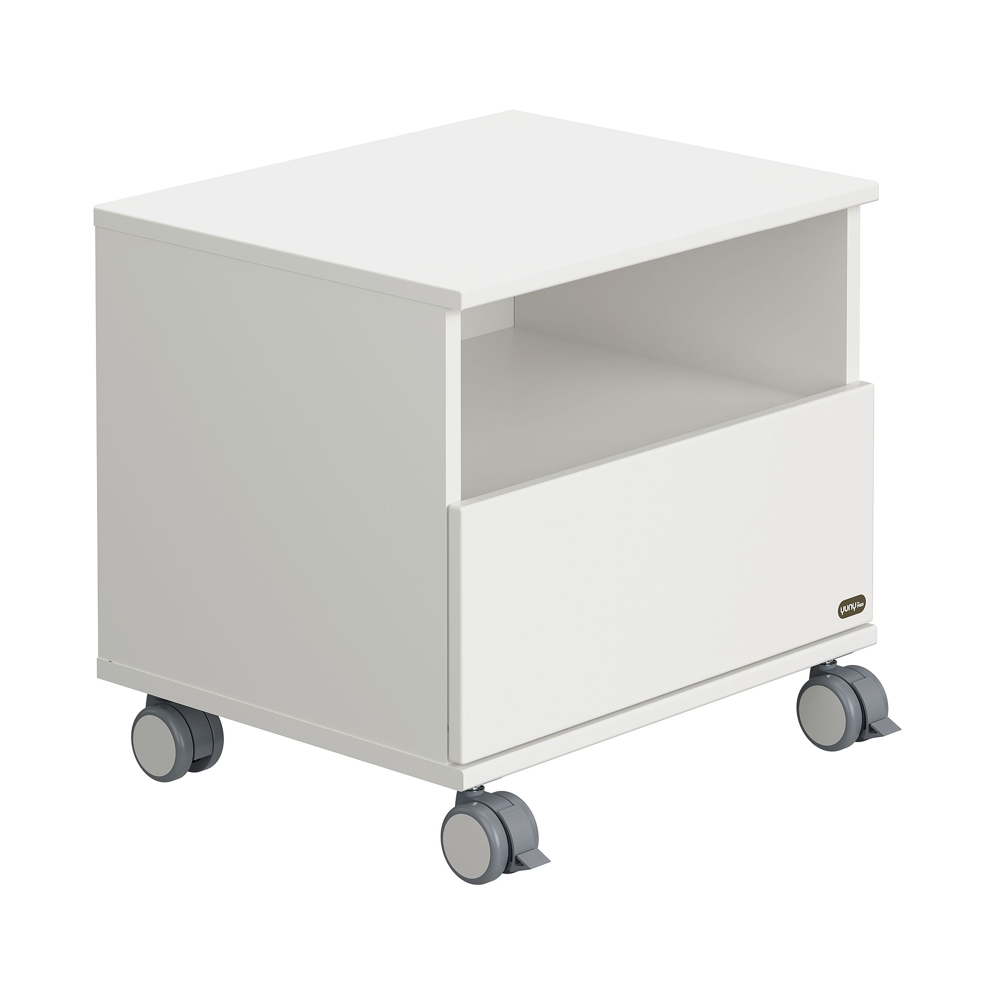 Nachttisch Lovely Aliv Rollcontainer, 1 Schublade, 1 offenes Fach Weißer Rollcontainer mit offenem Regal und Schublade auf vier grauen Rädern.