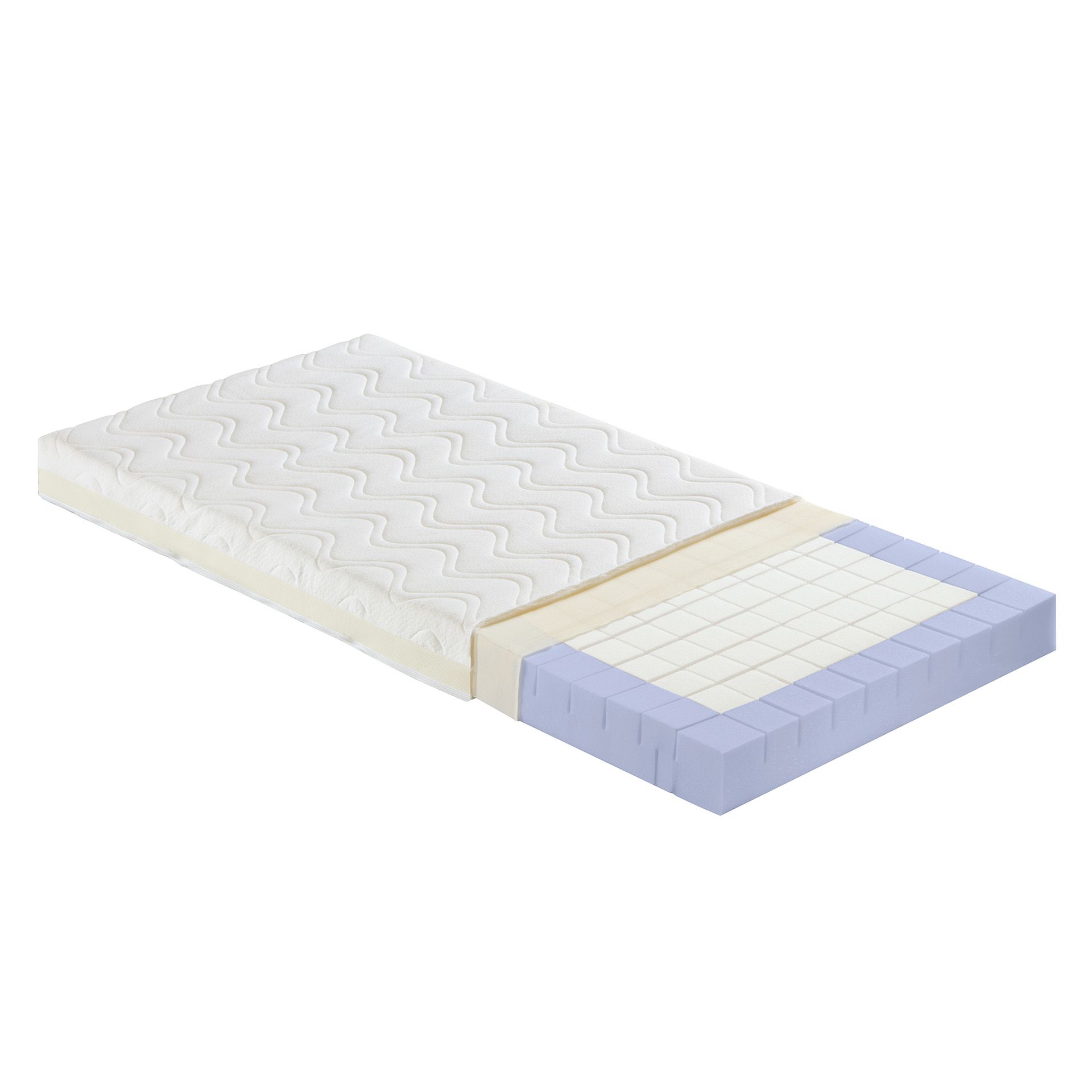 Matratze Airwell® 100 für Babybett 70 x 140 cm Eine Schaumstoffmatratze mit einem Ausschnitt, der den geschichteten Innenaufbau zeigt.