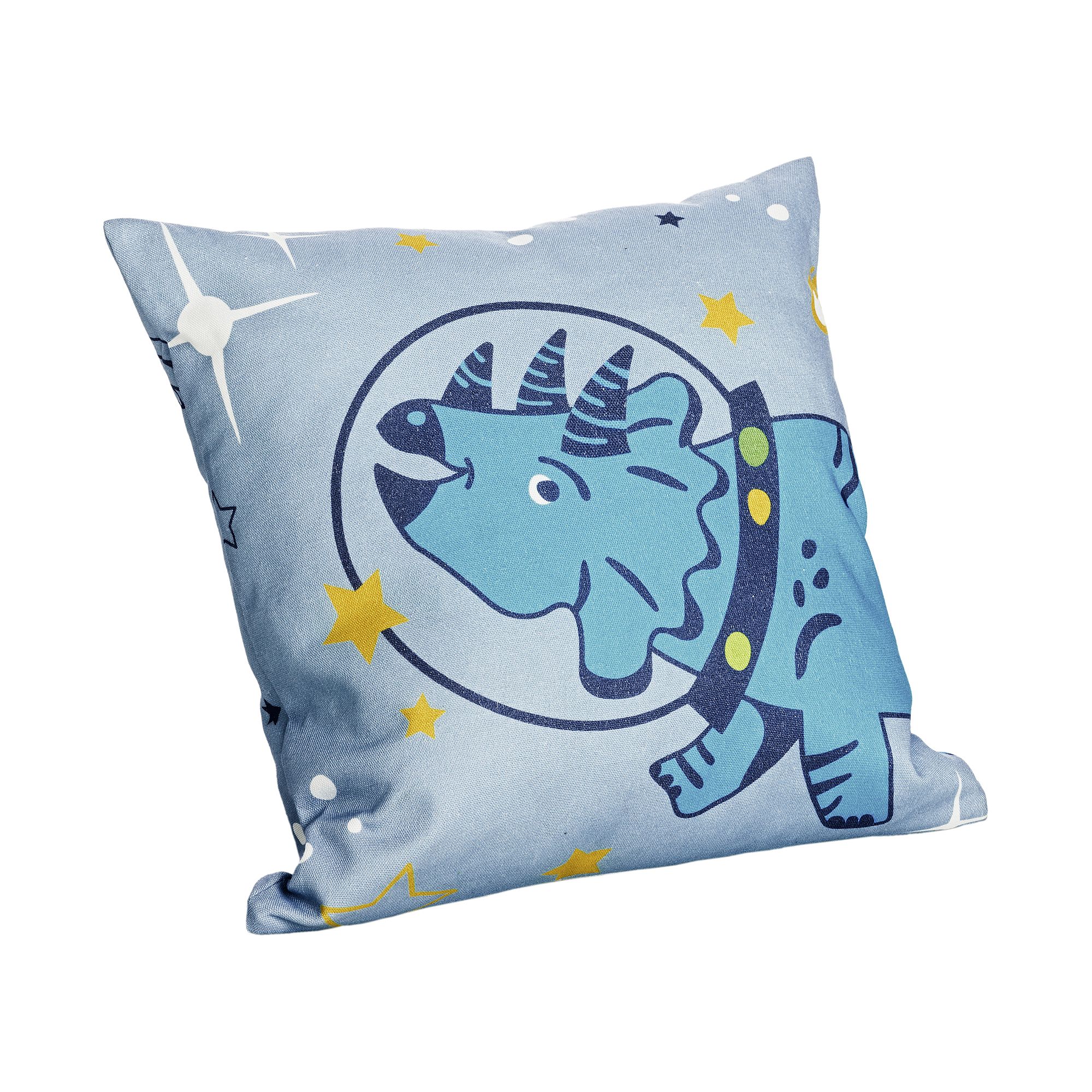 Partykissen Baumwolle, Motiv "Dinos im Weltall", 40 x 40 cm, Grüner Planet Blaues Kissen mit einem Cartoon-Weltraum-Triceratops und Sternen auf hellblauem Hintergrund.