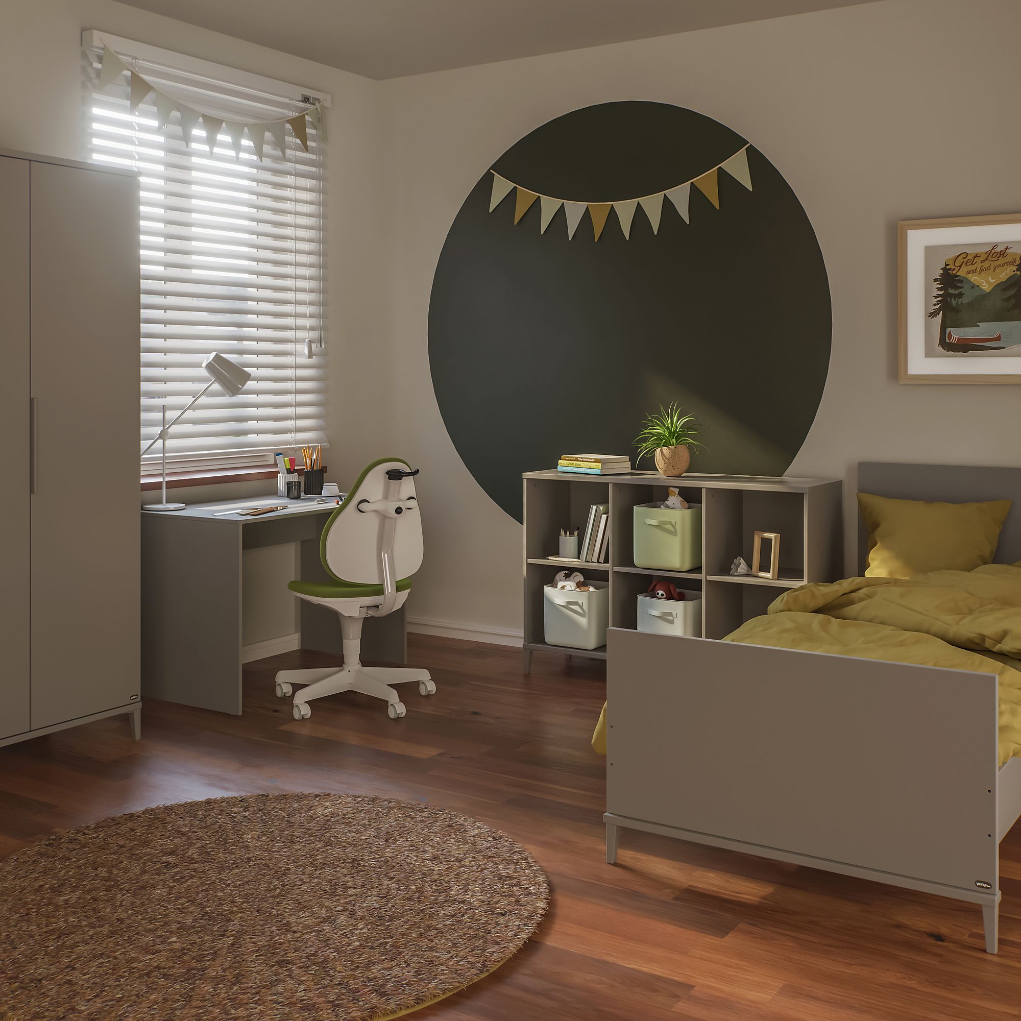 Modernes Kinderzimmer mit Schreibtisch, Bett, Regalen und einem grünen Wandkreis.