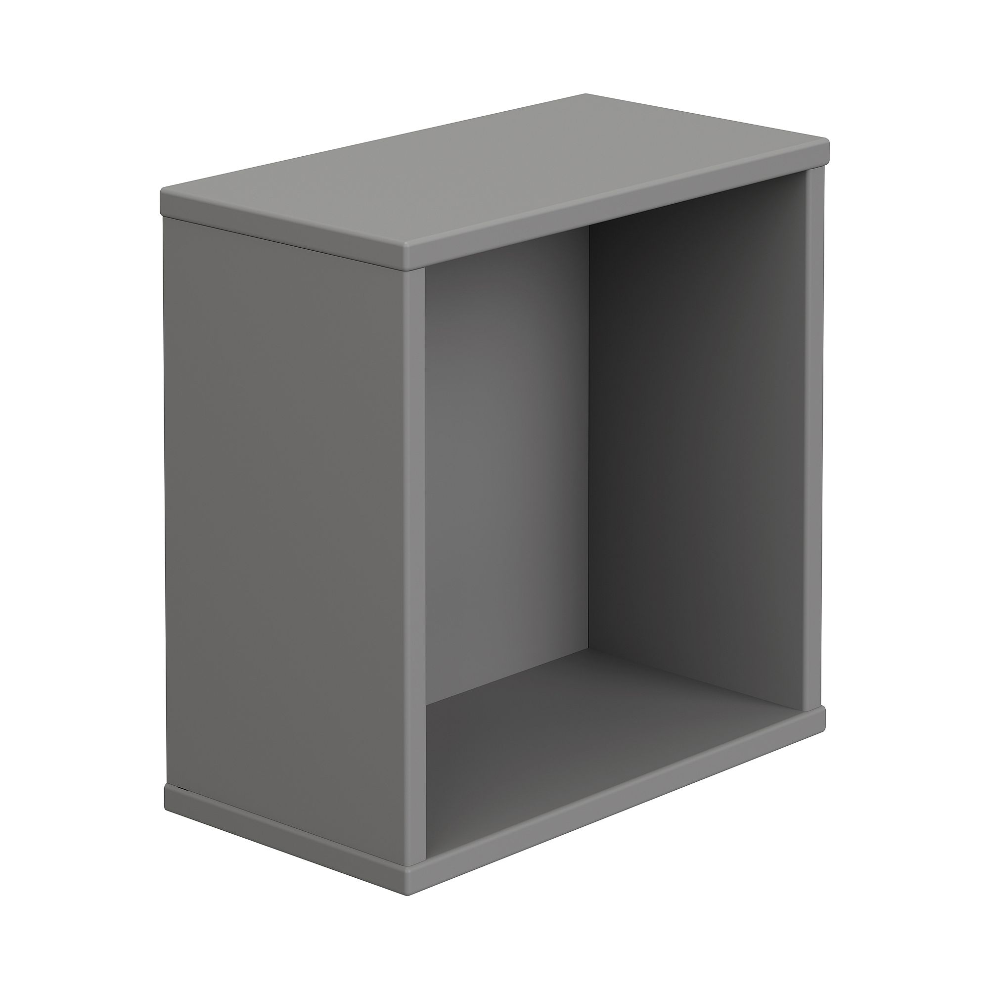 Wandregal Wandbox, quadratisch, 35 x 35 cm, Schiefergrau Ein schlichter, rechteckiger, grauer offener Aufbewahrungswürfel ohne Einlegeböden oder Türen.