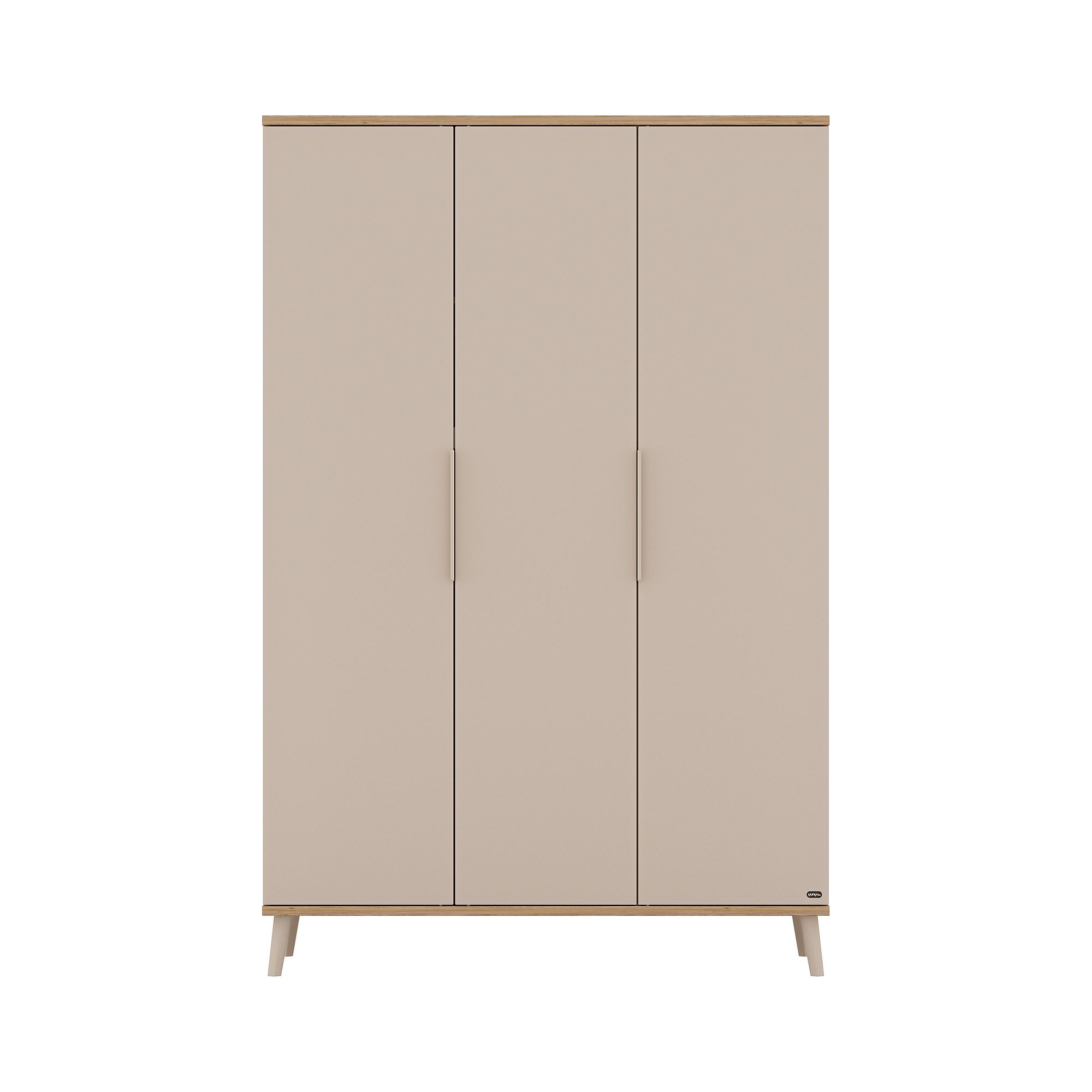 Dreitüriger Kleiderschrank in Beige mit schlanken Griffen und schlichtem, modernem Design.