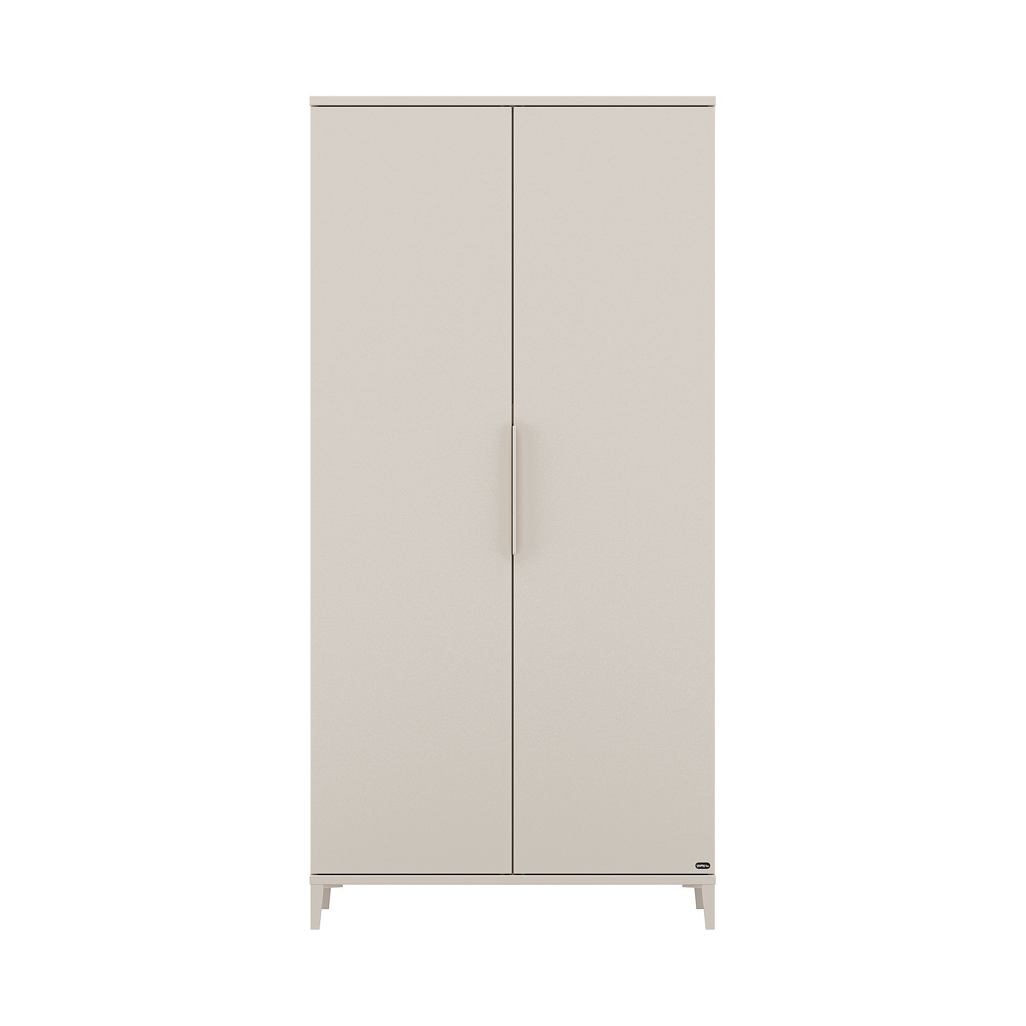 Beigefarbener, zweitüriger Aufbewahrungsschrank in schlichtem, modernem Design.