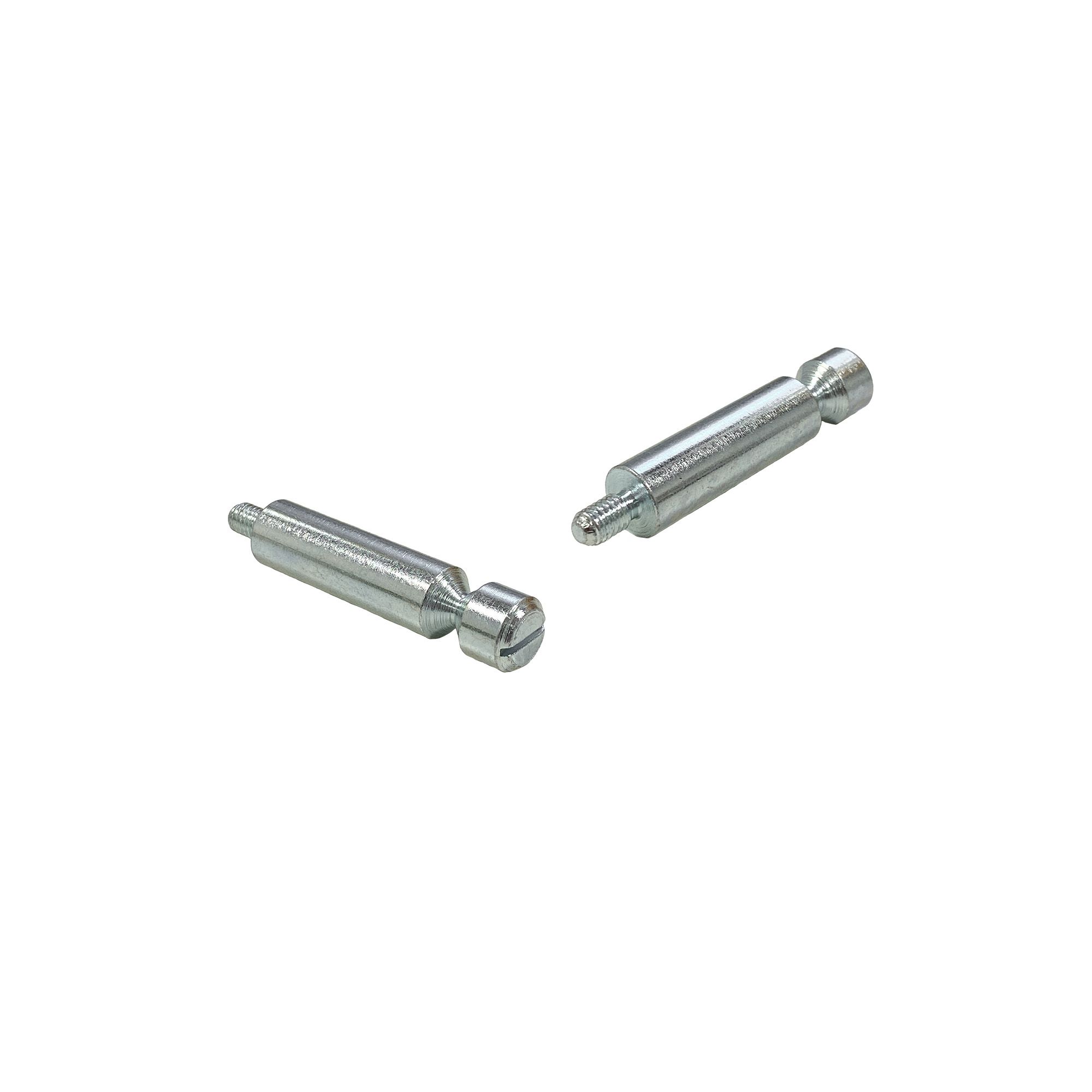 Zwei Metallabstandshalter mit Gewinde auf weißem Hintergrund.