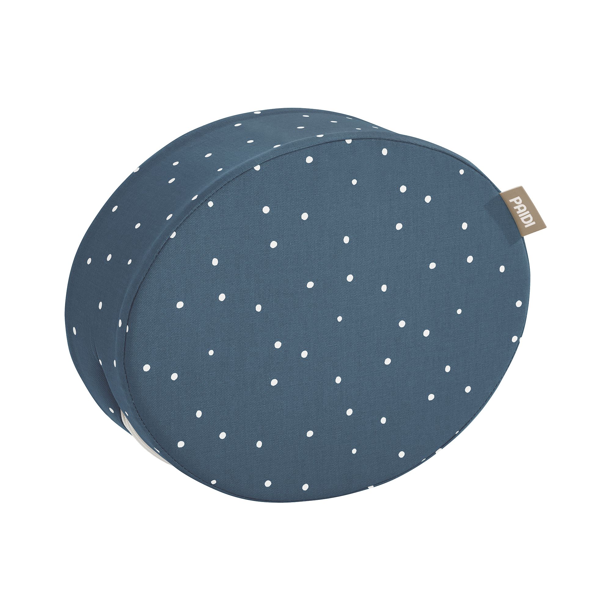 Rundes blaues Kissen mit weißen Tupfen und einem kleinen Etikett an der Seite.