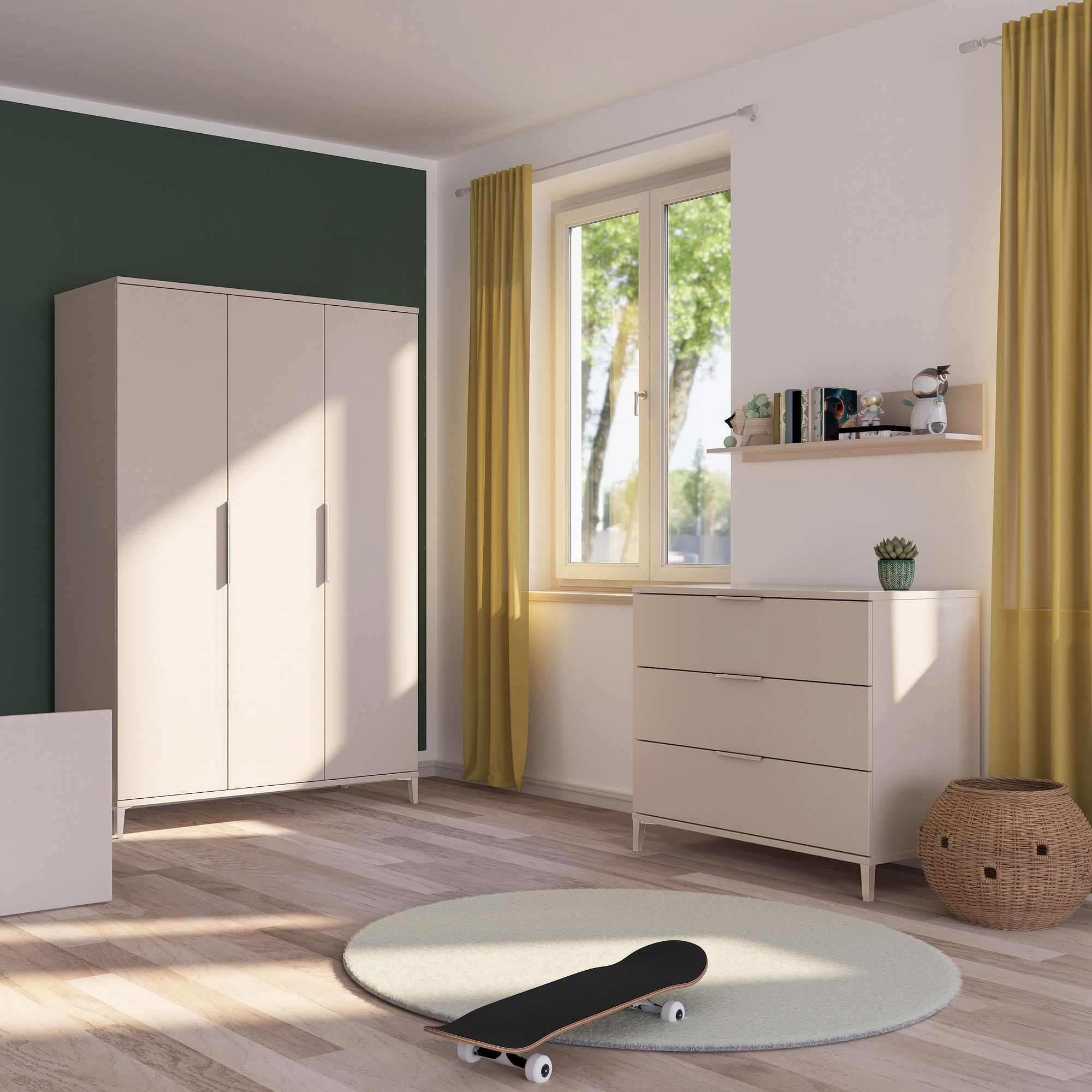 Minimalistisches Schlafzimmer mit beigen Möbeln, gelben Vorhängen und einem Skateboard auf dem Boden.