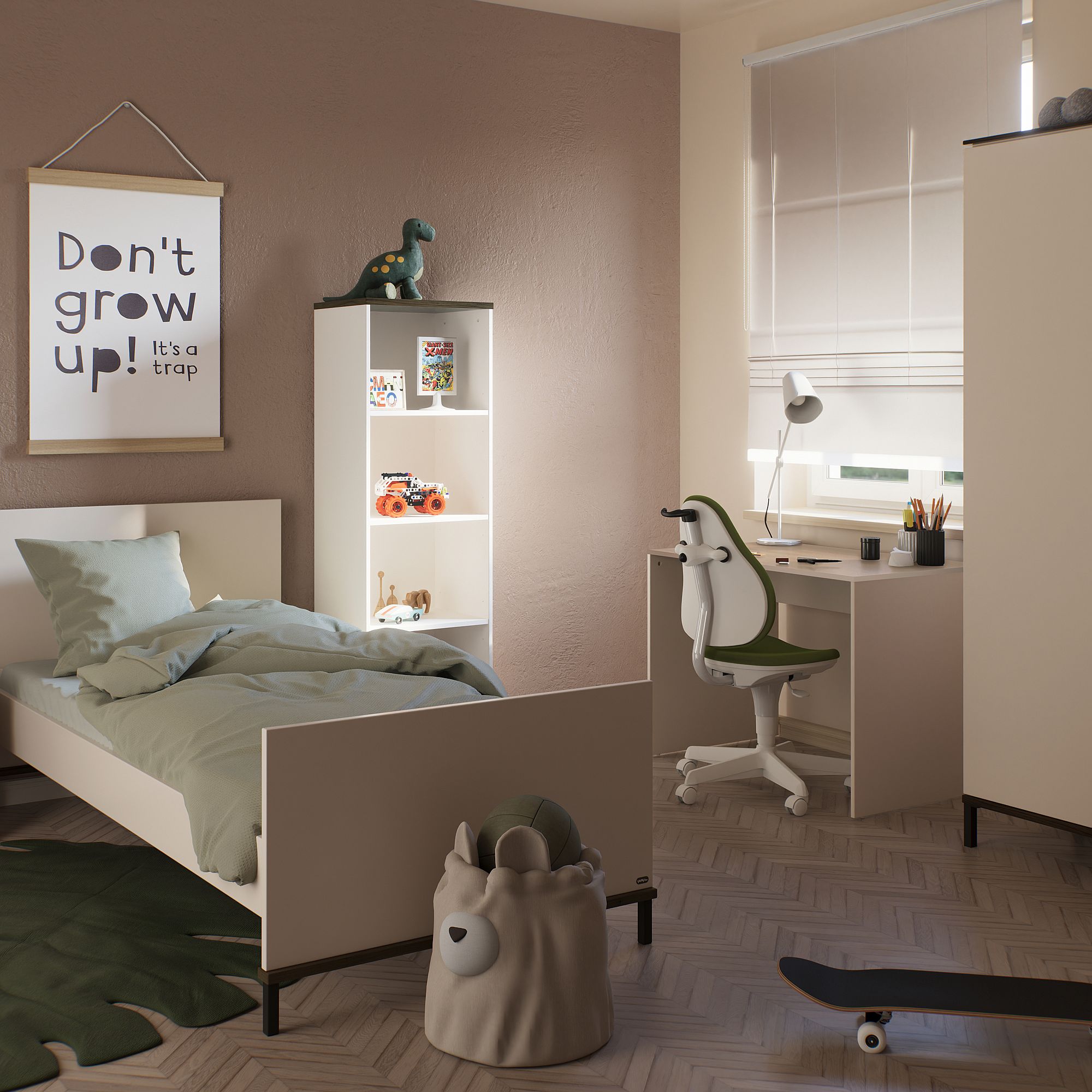 Minimalistisches Kinderzimmer mit Bett, Schreibtisch, Regalen und Dont grow up! Wandkunst.