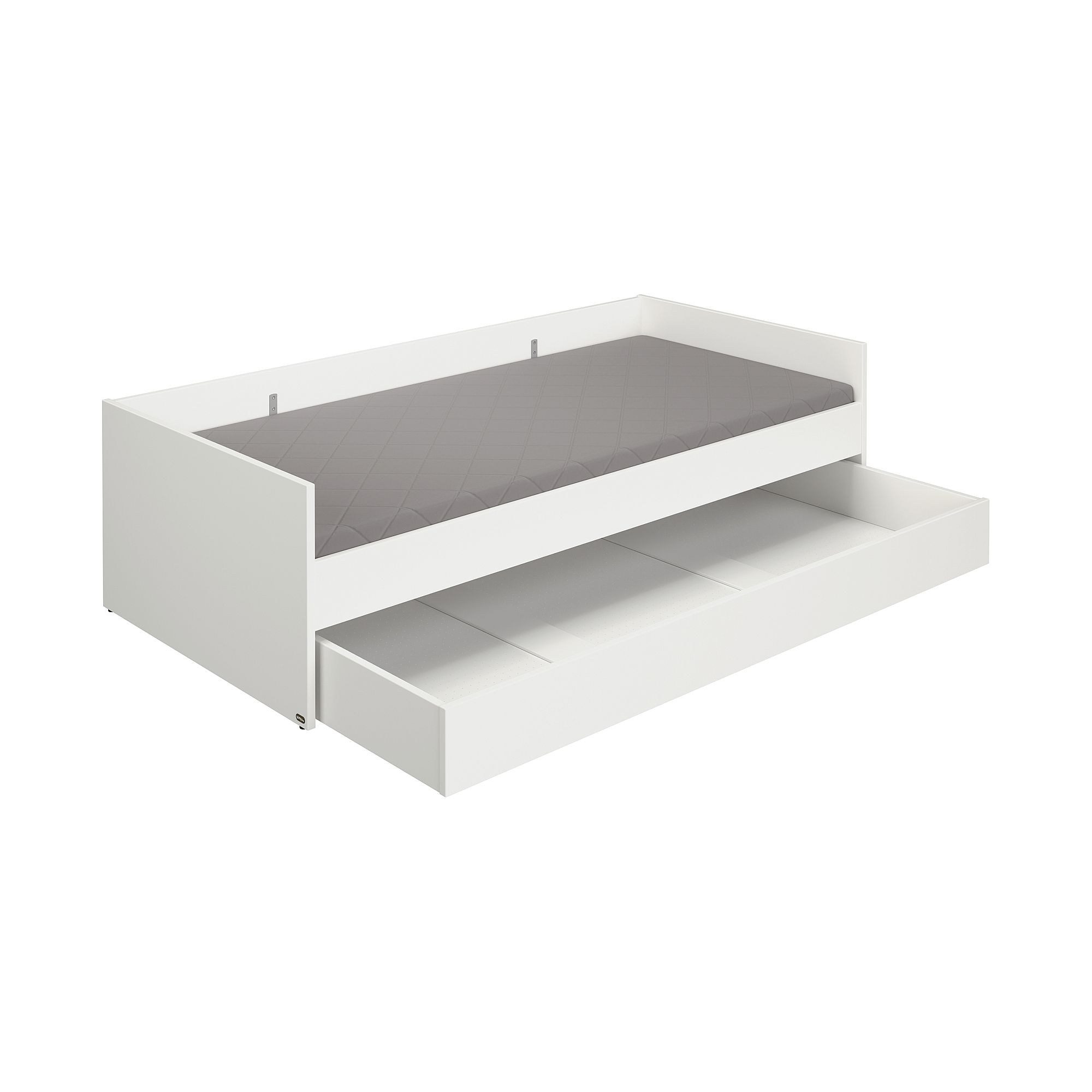 Weißes Daybed mit grauer Matratze und einer ausziehbaren Schublade darunter.