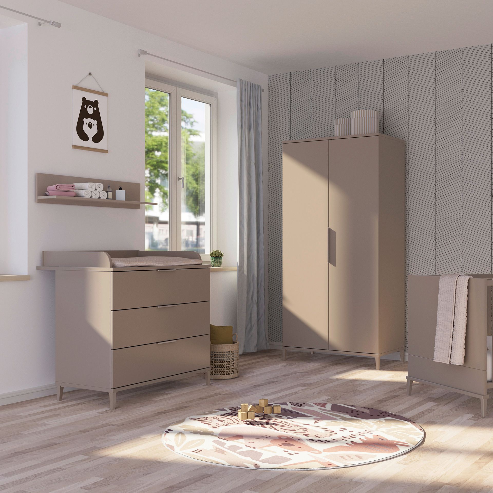 Modernes Kinderzimmer mit beigen Möbeln und einem runden Teppich auf einem Holzboden.