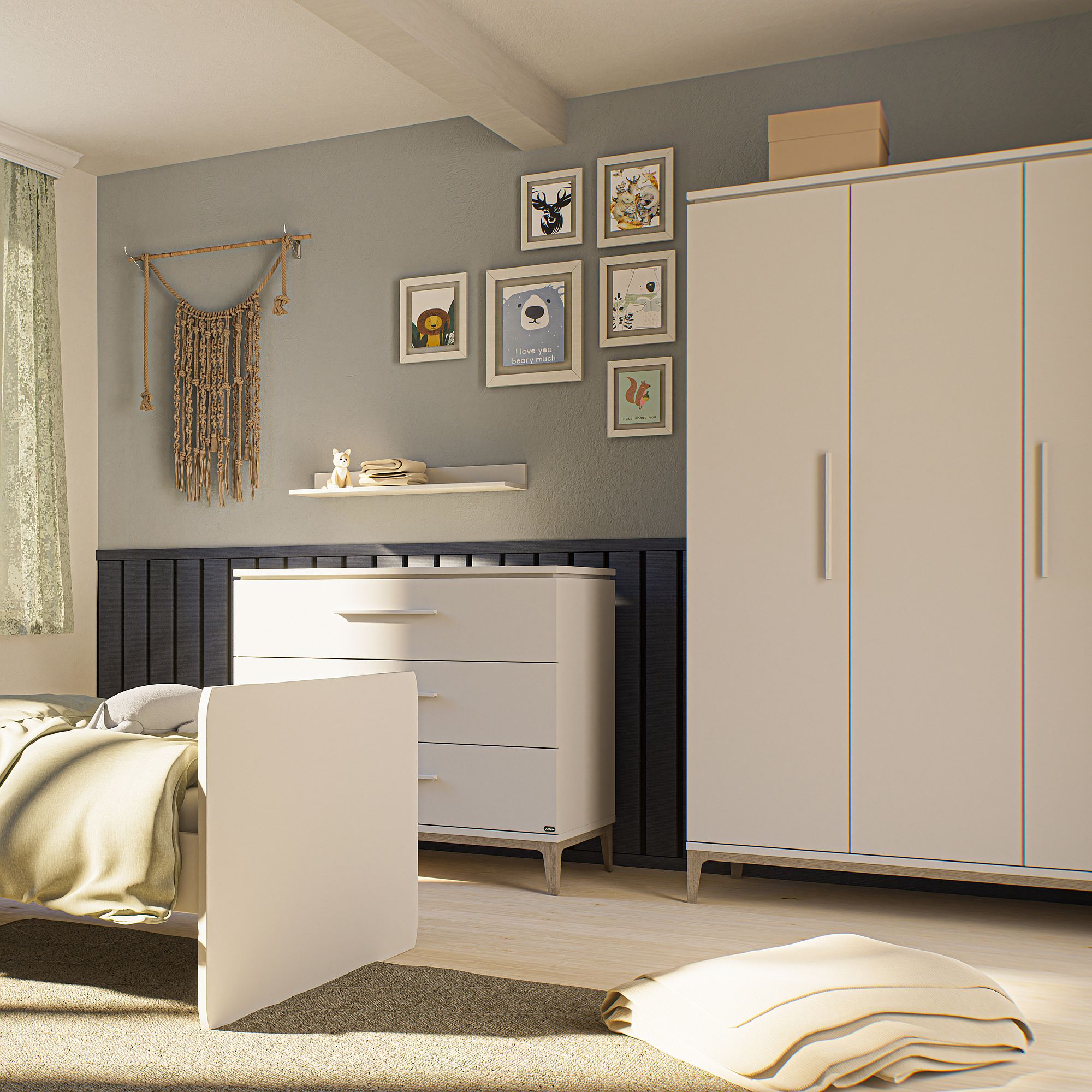 Modernes Kinderzimmer mit weißen Möbeln und gerahmter Kunst an der Wand.