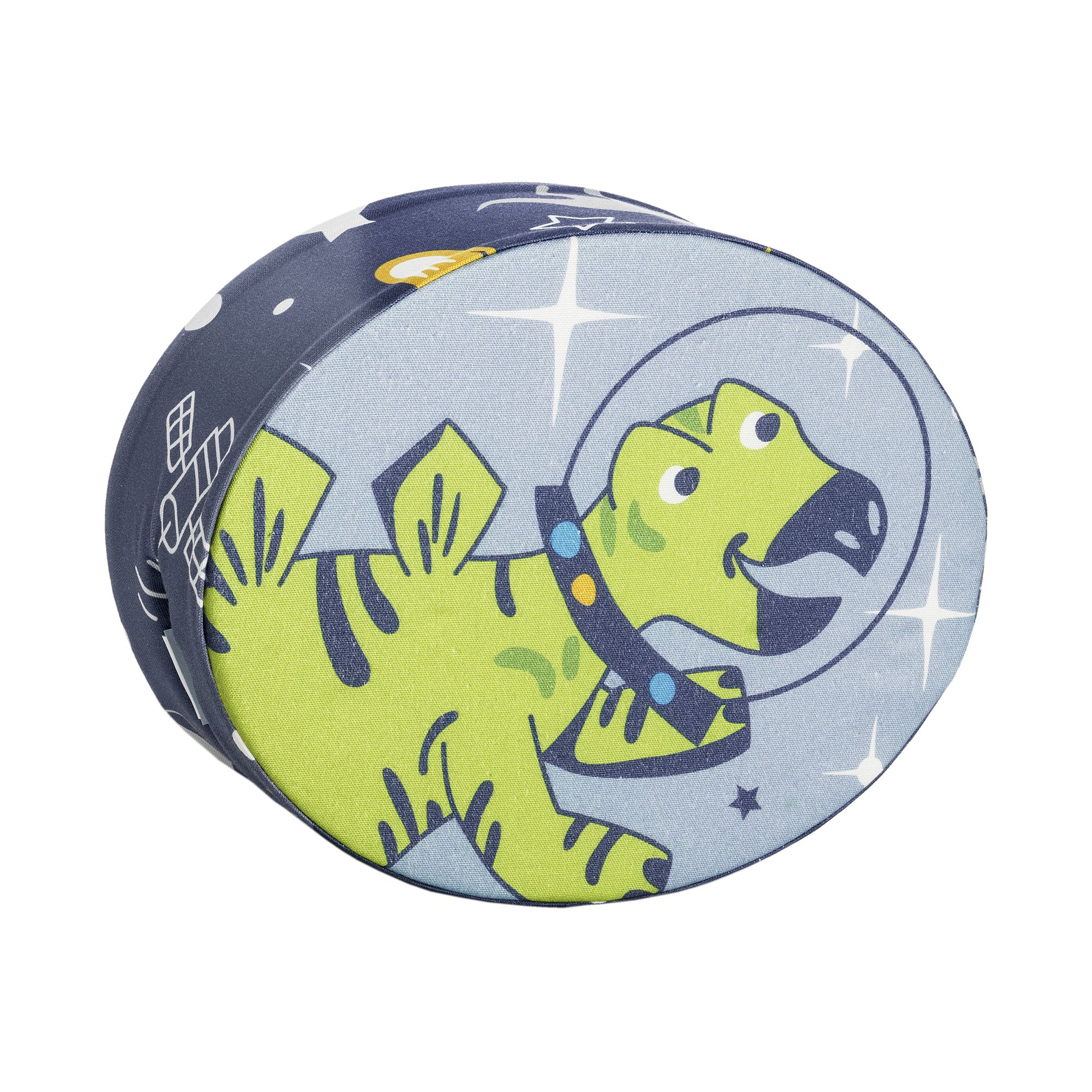 Steckkissen Baumwolle, Motiv "Dinos im Weltall", 35 x 28 x 12 cm, Blauer Planet Ovales Kissen mit einem Cartoon-Dinosaurier in einem Weltraumhelm auf einem sternenklaren Hintergrund.