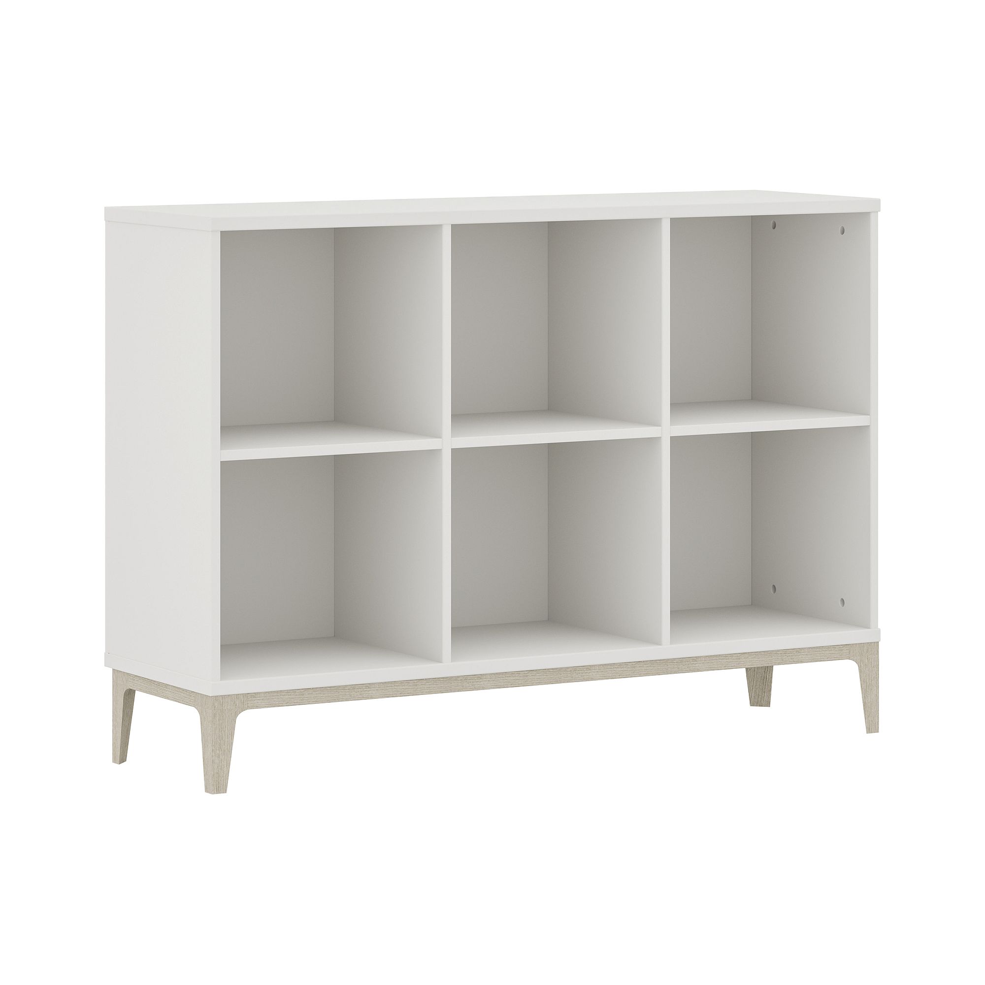 Weißer Aufbewahrungsbehälter mit sechs Würfeln, vier Beinen und offenen Fächern.