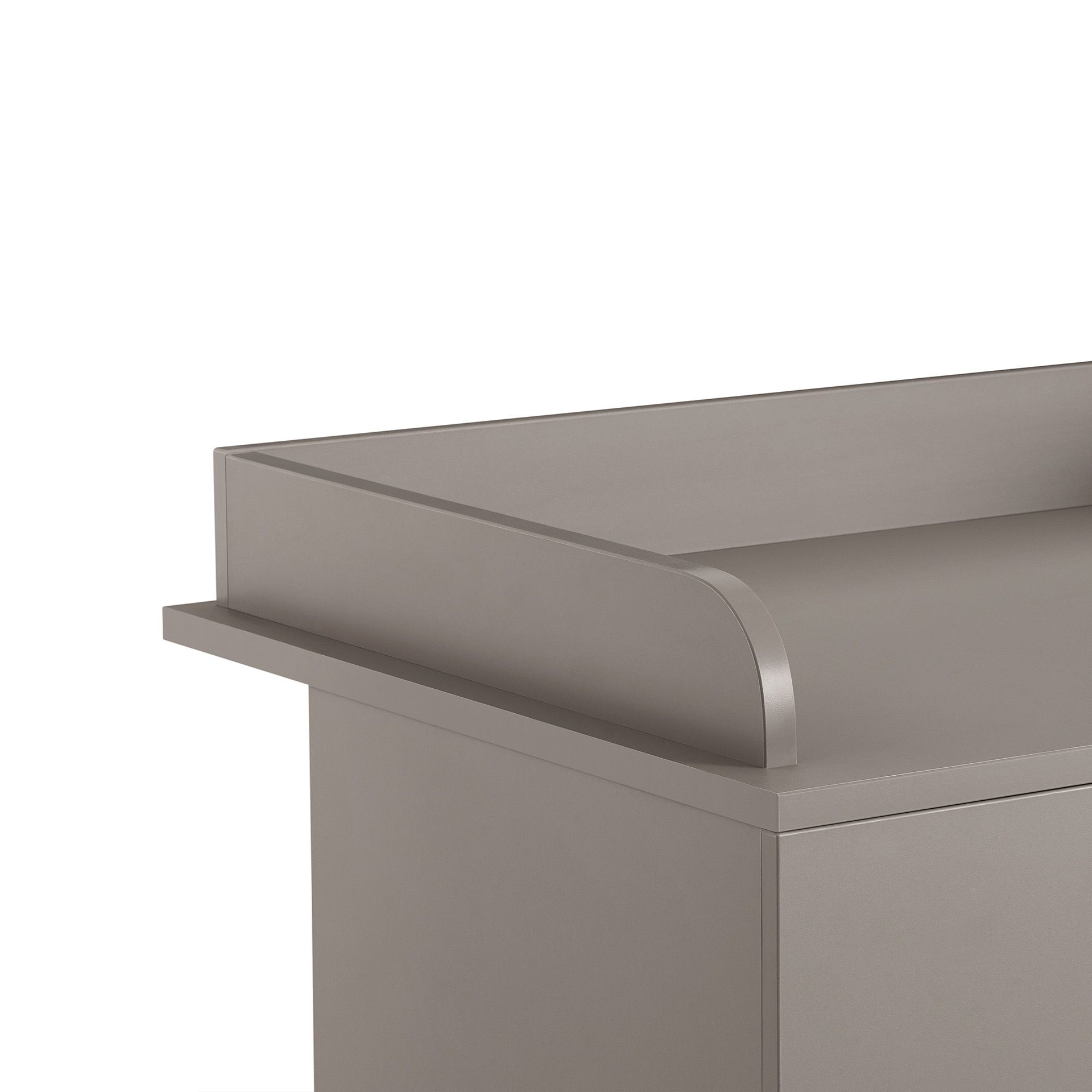 Grauer Wickeltisch mit erhöhten Seiten und einem glatten, modernen Design.