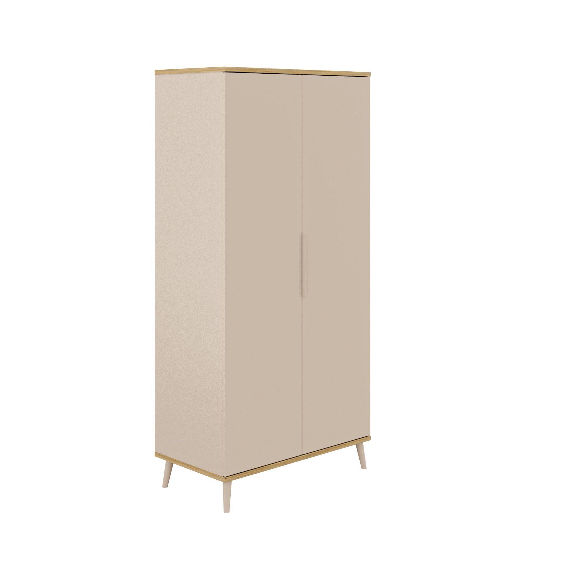 Beigefarbener, moderner zweitüriger Kleiderschrank mit Holzfüßen und minimalistischem Design.