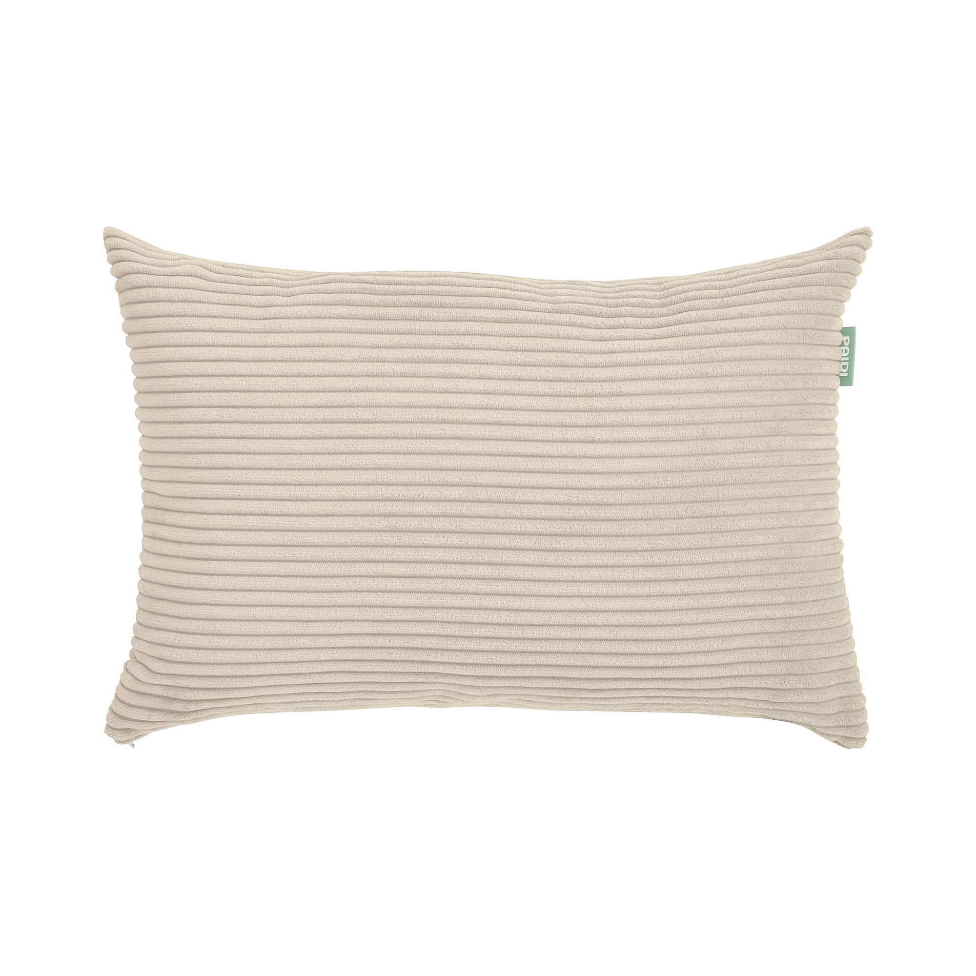 Rechteckiges beiges Kissen mit horizontaler Rippenstruktur auf weißem Hintergrund.