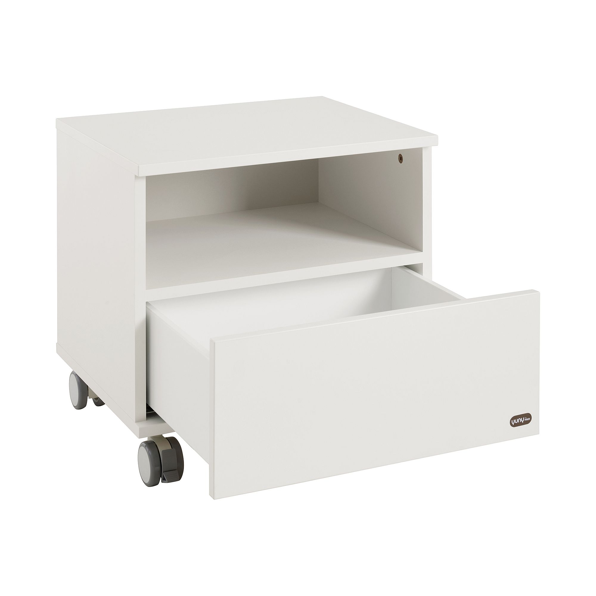 Weißer Rollschrank mit einem offenen Regal und einer einzelnen offenen Schublade.
