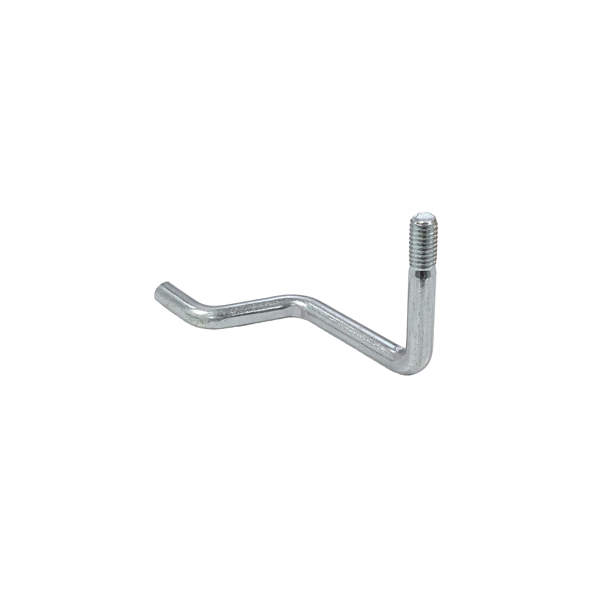 Ein L-förmiger Metallbolzen mit einem Gewindeende auf weißem Hintergrund.