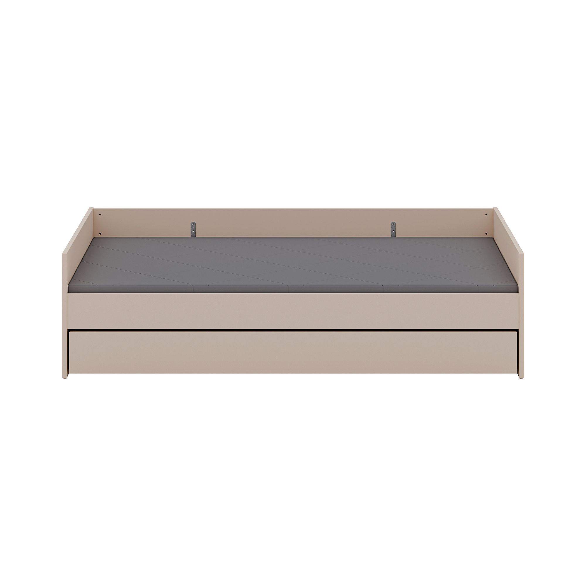 Beigefarbenes Daybed mit grauer Matratze und einer ausziehbaren Schublade darunter.