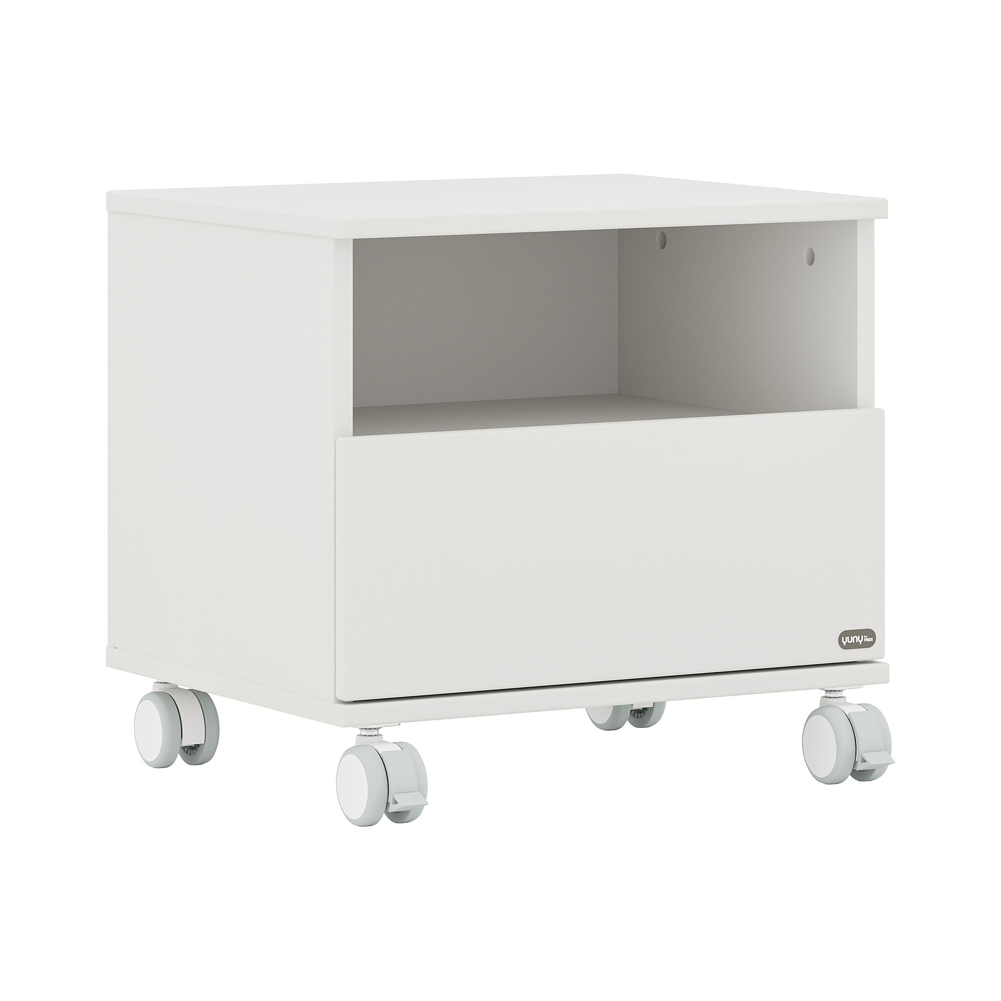 Weißer Rollcontainer mit einem offenen Regal und einer Schublade.